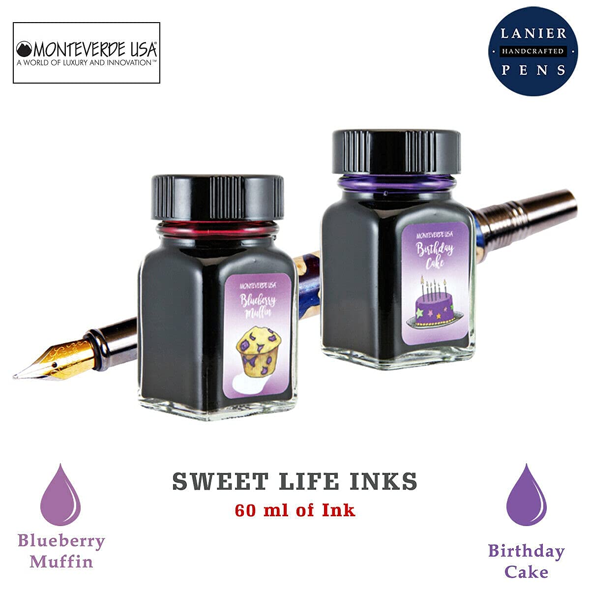 Monteverde 60ml Sweet Life Fountain Pen Ink Set - Blueberry Muffin & Birthday Cake (30ml Each) | Premium Calligraphy & Writing Ink for Journals, Letters, and Artistic Projects