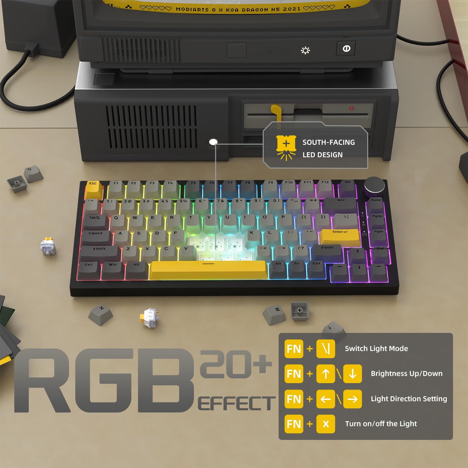 AJAZZ AK820 75% ANSI Layout Mechanical Gaming Keyboard with Knob - 82 Keys, Hot-Swap, RGB Backlit, 5 Sound-Dampening Foams, Linear Switch - Wired USB Keyboard for PC & Mac (Gray) - Perfect for Gaming, Office Work & Typing