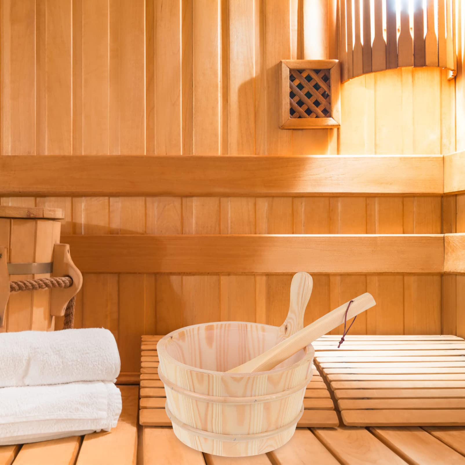 Healifty Wooden Sauna Bucket Set with Spoon - Natural Wood Sauna Accessories for Bathing Barrel, Spa, and Relaxation - Perfect for Home Sauna, Steam Room, and Wellness Retreats