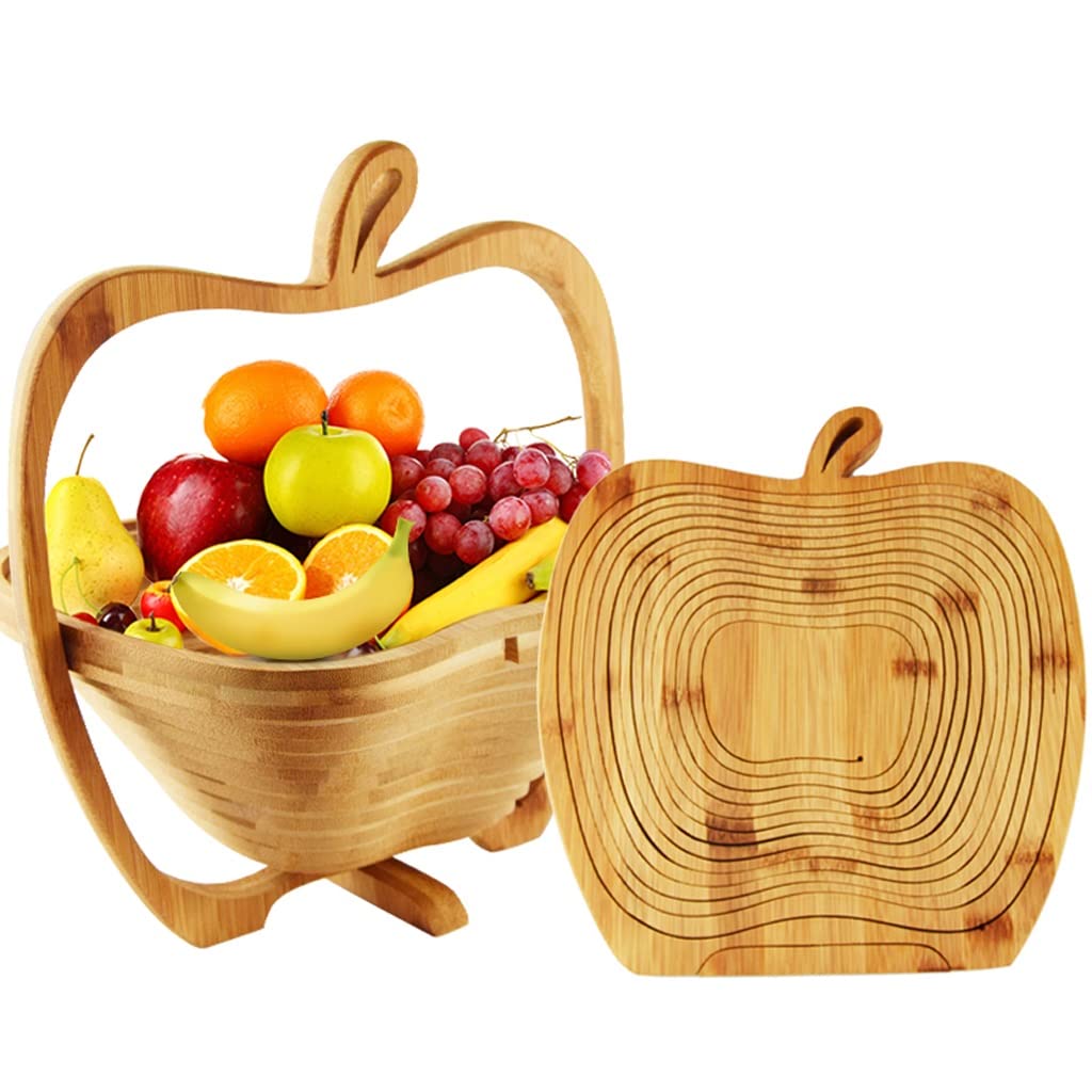 Foldable Apple-Shaped Bamboo Fruit Basket - Countertop Storage Bowl with Built-in Cutting Board | Perfect for Kitchen Organization, Fruit Display & Snack Serving