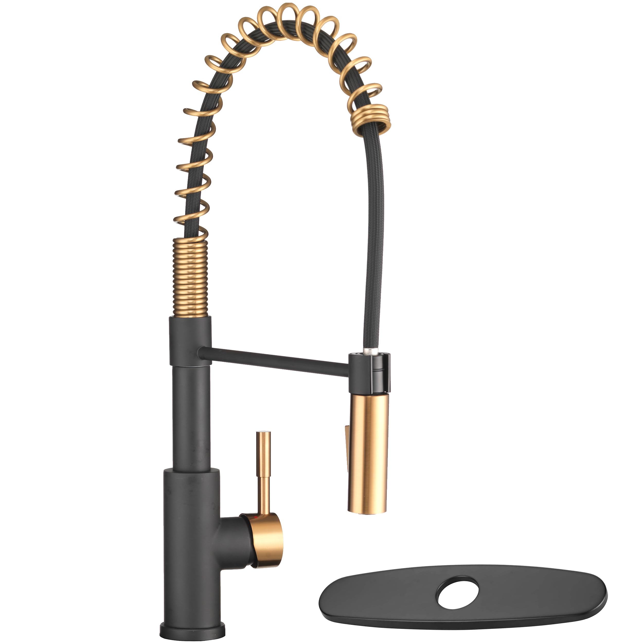 Dura Faucet DF-MK504SLK-MBRG RV Swivel High-Arc Spring Kitchen Sink Faucet - Single Handle Pull-Down Sprayer Faucet with Optional Deck Plate in Matte Black & Rose Gold - Perfect for RV, Tiny Homes, and Modern Kitchen Upgrades