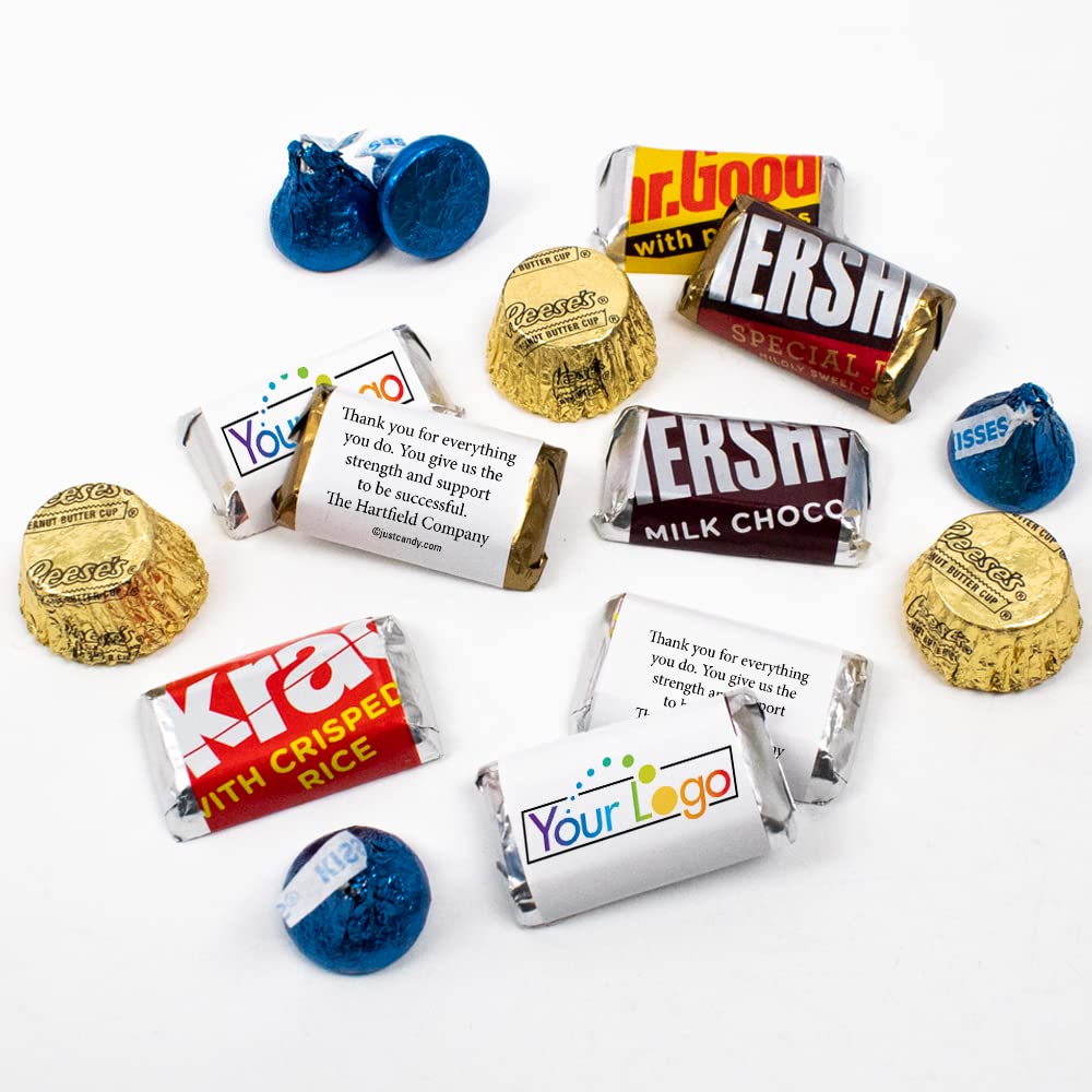 190 Pcs Bulk Custom Candy with Business Logo or Photo - Personalized Mini Kisses & Peanut Butter Cups for Candy Buffet, Promotional Events, Corporate Gifts (Gold & Dark Blue) - Perfect for Weddings, Birthday Parties, and Business Branding