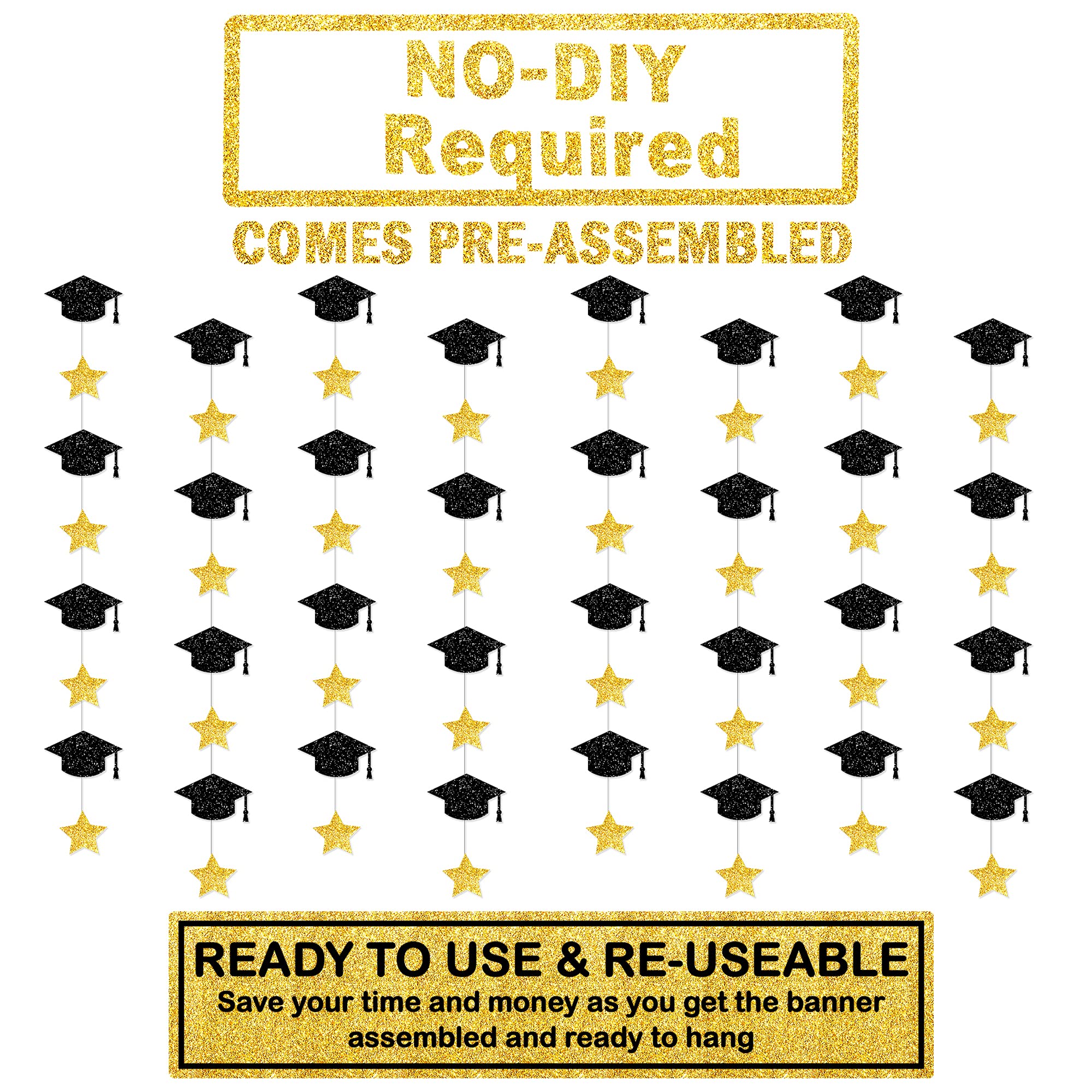 KatchOn 10 Feet Glitter Graduation Cap Garland - 8 String Black & Gold Graduation Decor 2025 | No DIY Graduation Party Supplies | Perfect for Graduation Ceremony Decorations, Photo Backdrops & College Grad Celebrations
