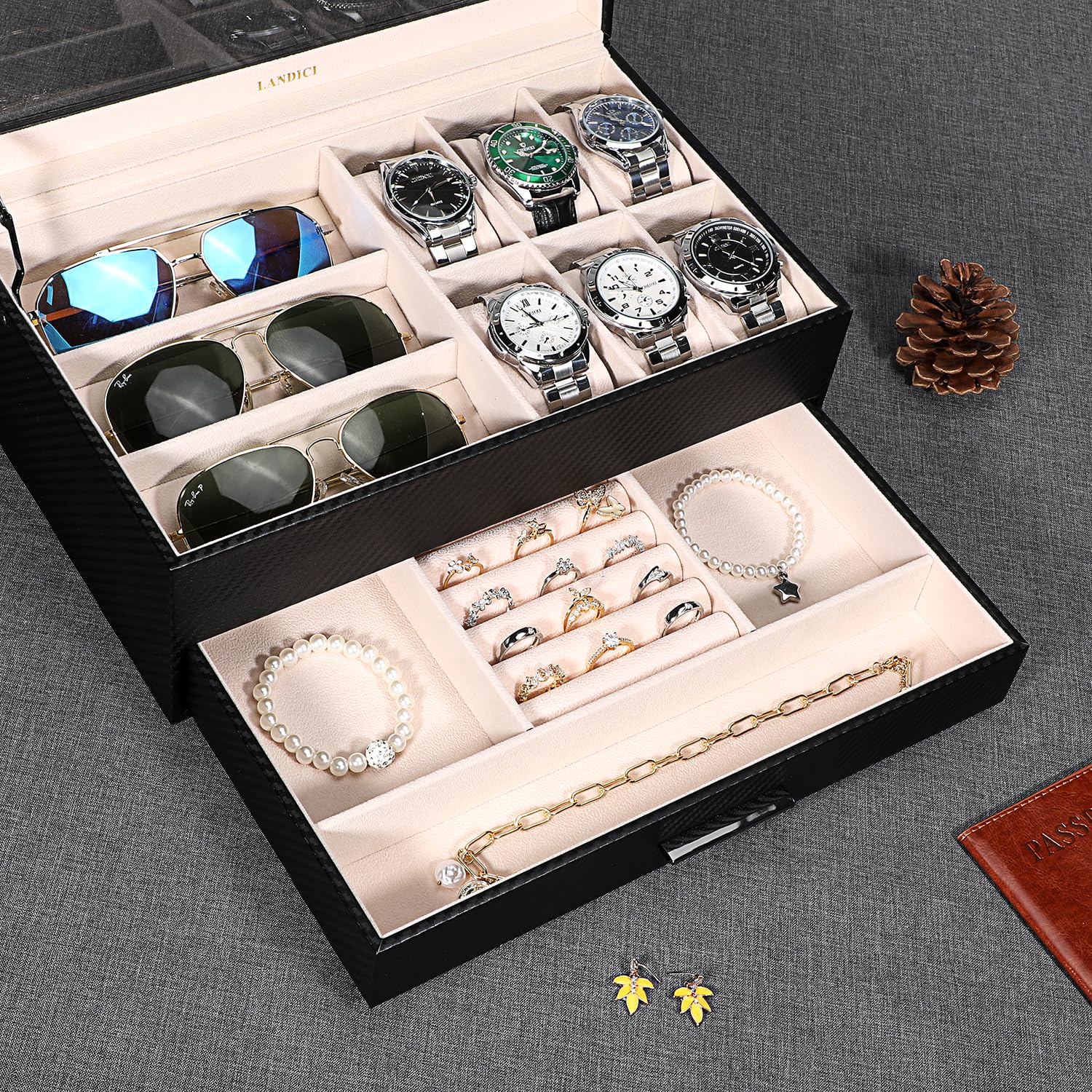 Premium PU Leather Watch Box for Men & Women - 2 Layer Jewelry Organizer with Storage Case for Watches, Sunglasses, Bracelets, Necklaces & Rings - Black & Apricot - Perfect for Travel, Home Display & Gift Giving