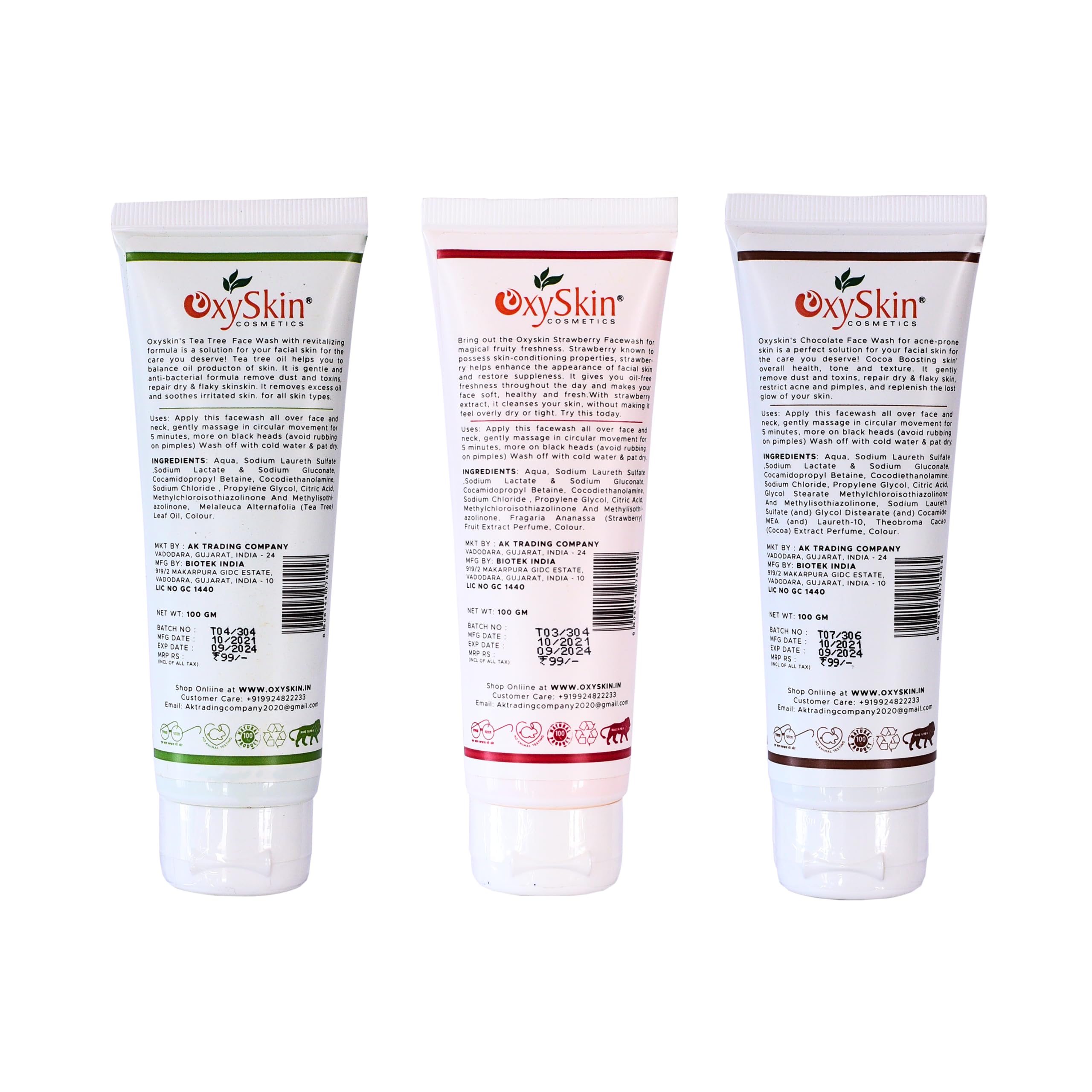 Oxyskin Cosmetics - Tea Tree, Strawberry & Chocolate Face Wash Set (3-Pack) | Natural Cleanser for Acne, Oily & Sensitive Skin | Daily Skincare Routine