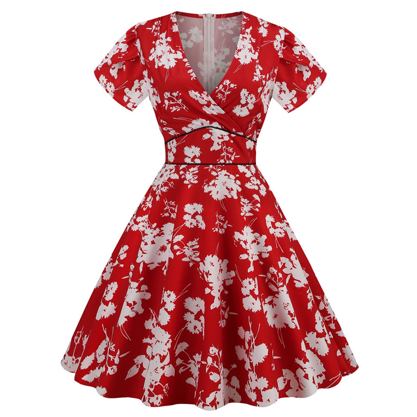Women's Casual Short-Sleeve V-Neck Floral Print Swing Dress - Summer Boho Flowy Midi Dress for Beach, Vacation & Everyday Wear