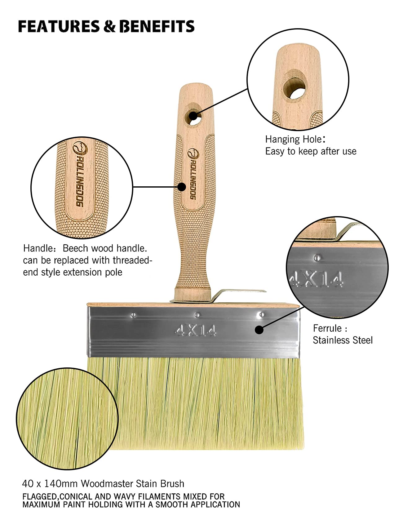 ROLLINGDOG 5.5 Inch Deck Stain Brush - Premium Limewash & Paint Brush with Wooden Handle for Wood, Fence, Floor, Wall Painting - Perfect for Deck Staining, Exterior Wood Finishing & DIY Home Projects