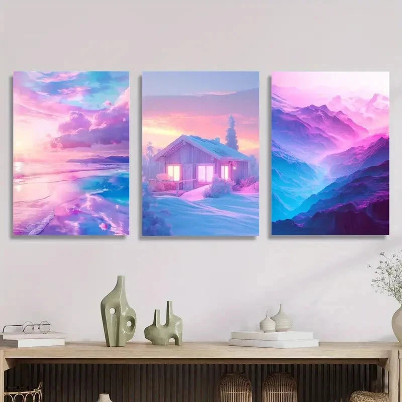 3-Piece Pastel Beach Scenery Metal Wall Art - Pink Coastal Houses Print Set - Ready to Hang Home Decor for Living Room, Bedroom & Office