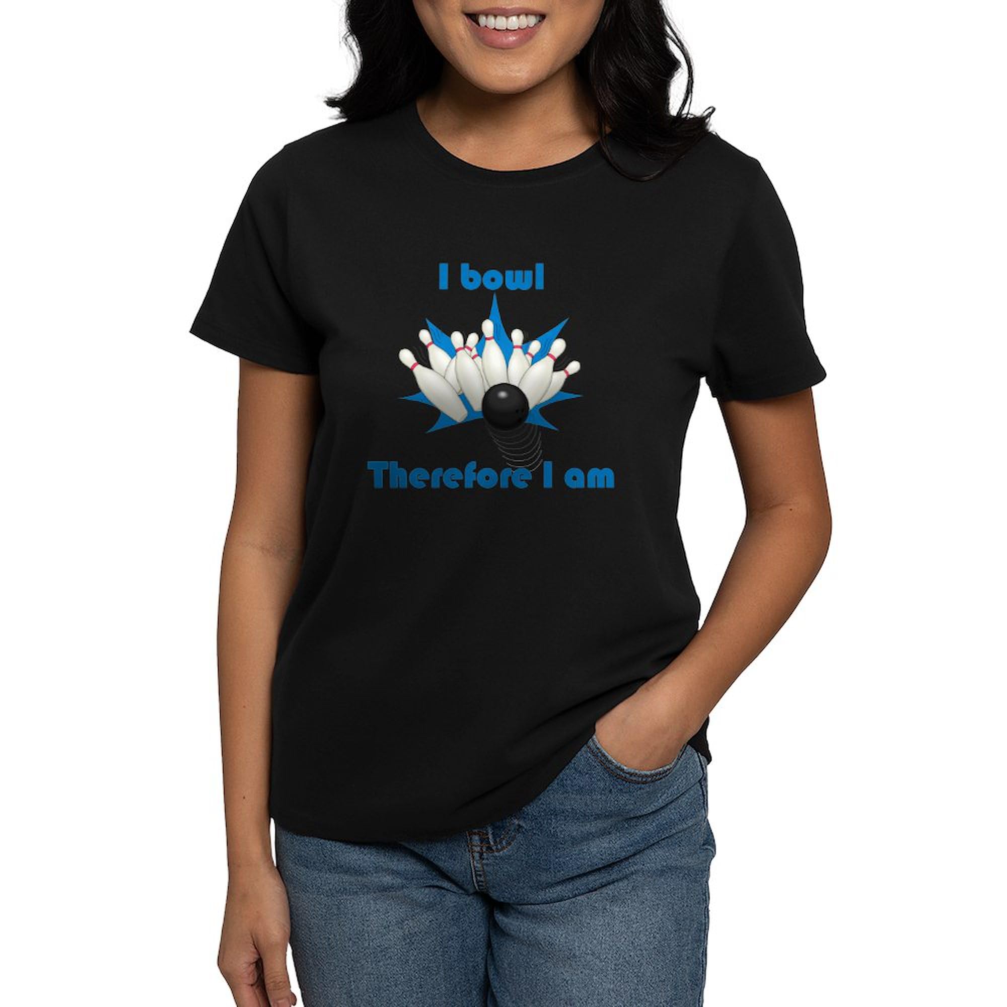 CafePress 'I Bowl Therefore I Am' Women's Dark Cotton T-Shirt - Comfortable & Stylish Casual Wear for Bowling Enthusiasts