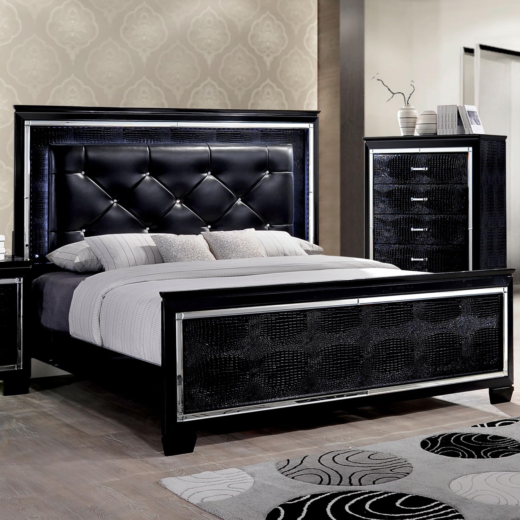 Furniture of America Rachel Faux Leather King Size LED Panel Bed in Black - Modern Bedroom Furniture with Adjustable Lighting for Luxurious Home Decor