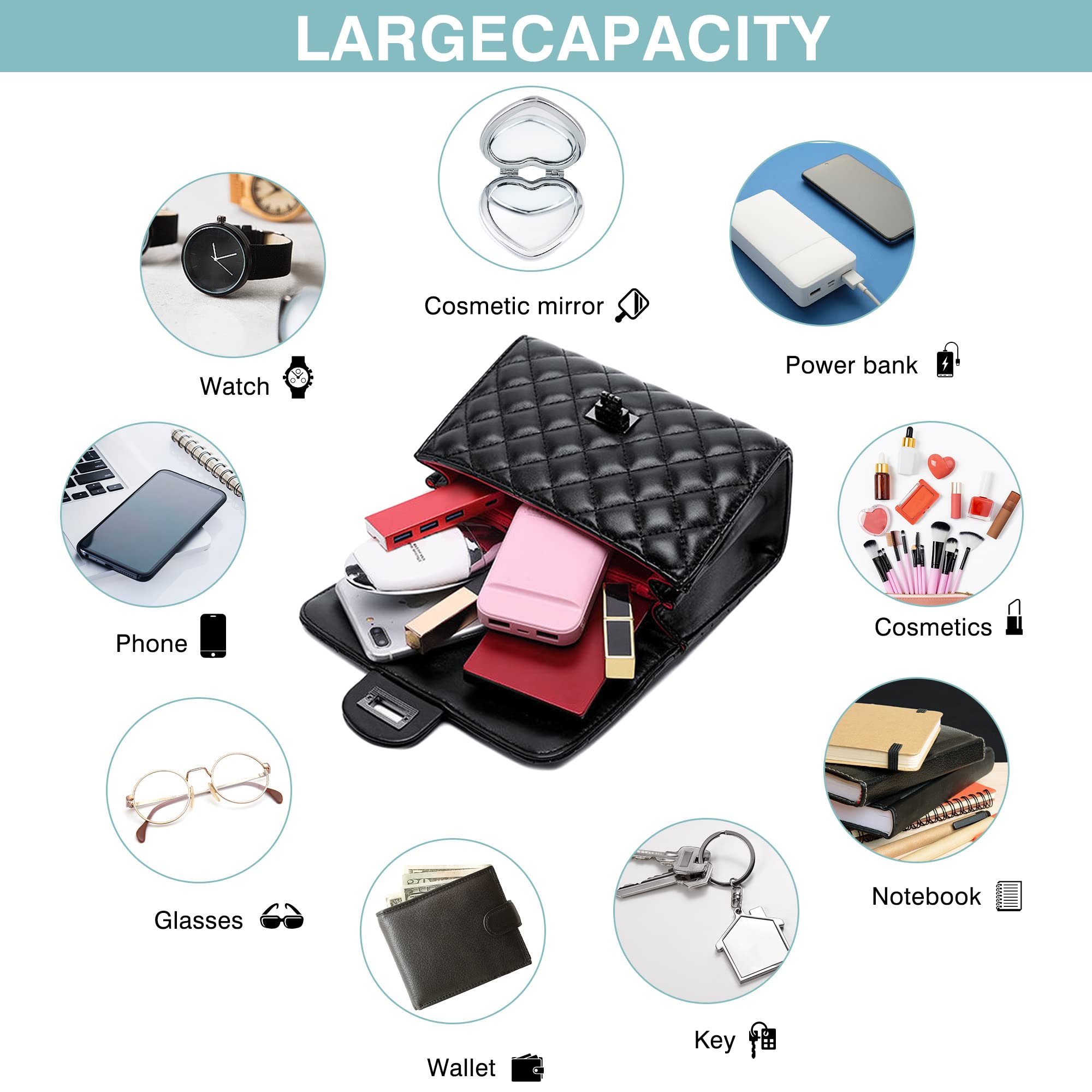 Stylish Black Quilted PU Leather Crossbody Bag for Women - Small Purse with Chain Strap, Perfect for Everyday Use, Travel & Evening Out