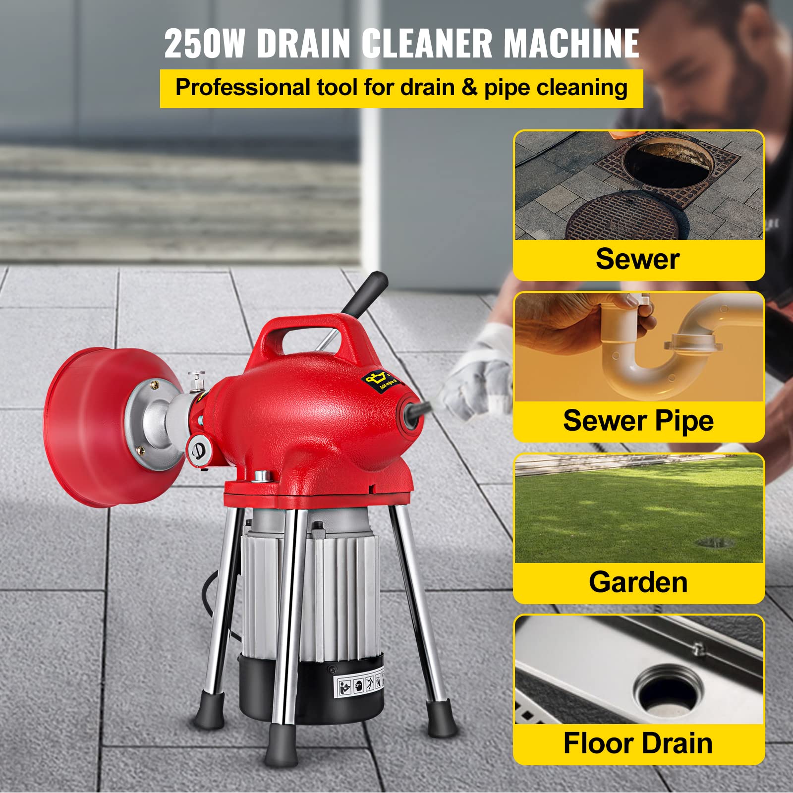 VEVOR 250W Heavy Duty Pipe Drain Cleaner Machine with 41Ft x 0.62 Inch Cable - 400 RPM Drain Snake for 3/4 to 4 Inch Pipes - Ideal for Home Plumbing, Kitchen Sink, Bathroom, and Basement Drain Clogs