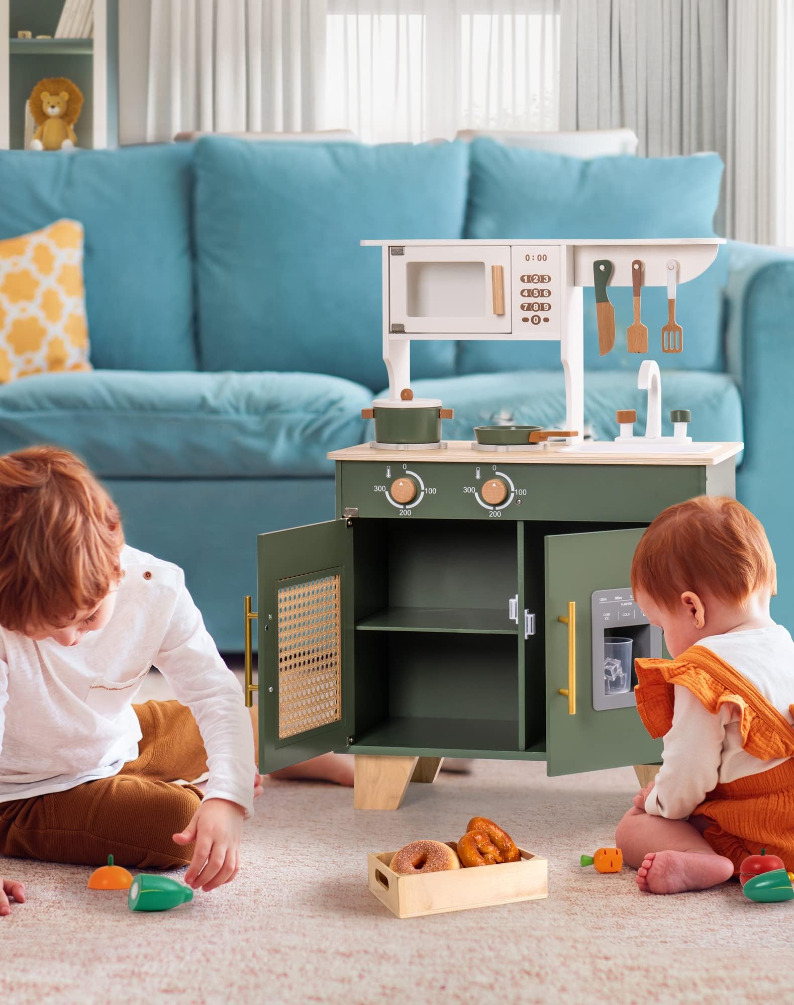 ROBUD Wooden Play Kitchen Set for Kids Ages 3+ | Pretend Ice Cube Dispenser | Vintage Green Toy Kitchen | Birthday Gift for Toddlers & Preschoolers | Pretend Cooking & Role Play Fun