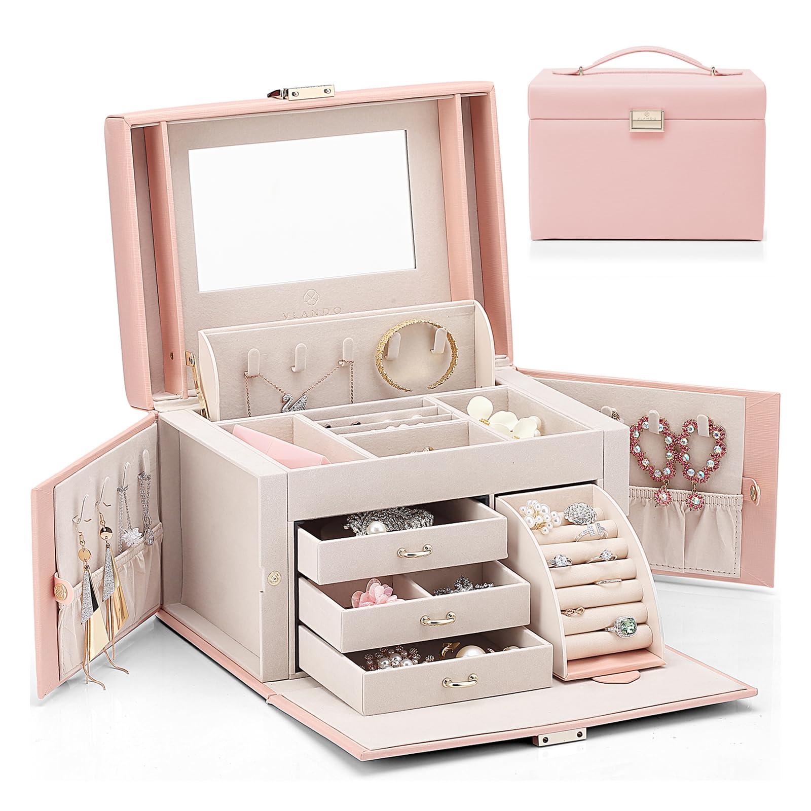 Vlando Leather Jewelry Box Organizer - Mirror Jewelry Storage Case for Necklaces, Earrings, Rings & Bracelets - Pink Jewelry Organizer for Dresser, Vanity & Travel | Perfect Gift for Women & Girls