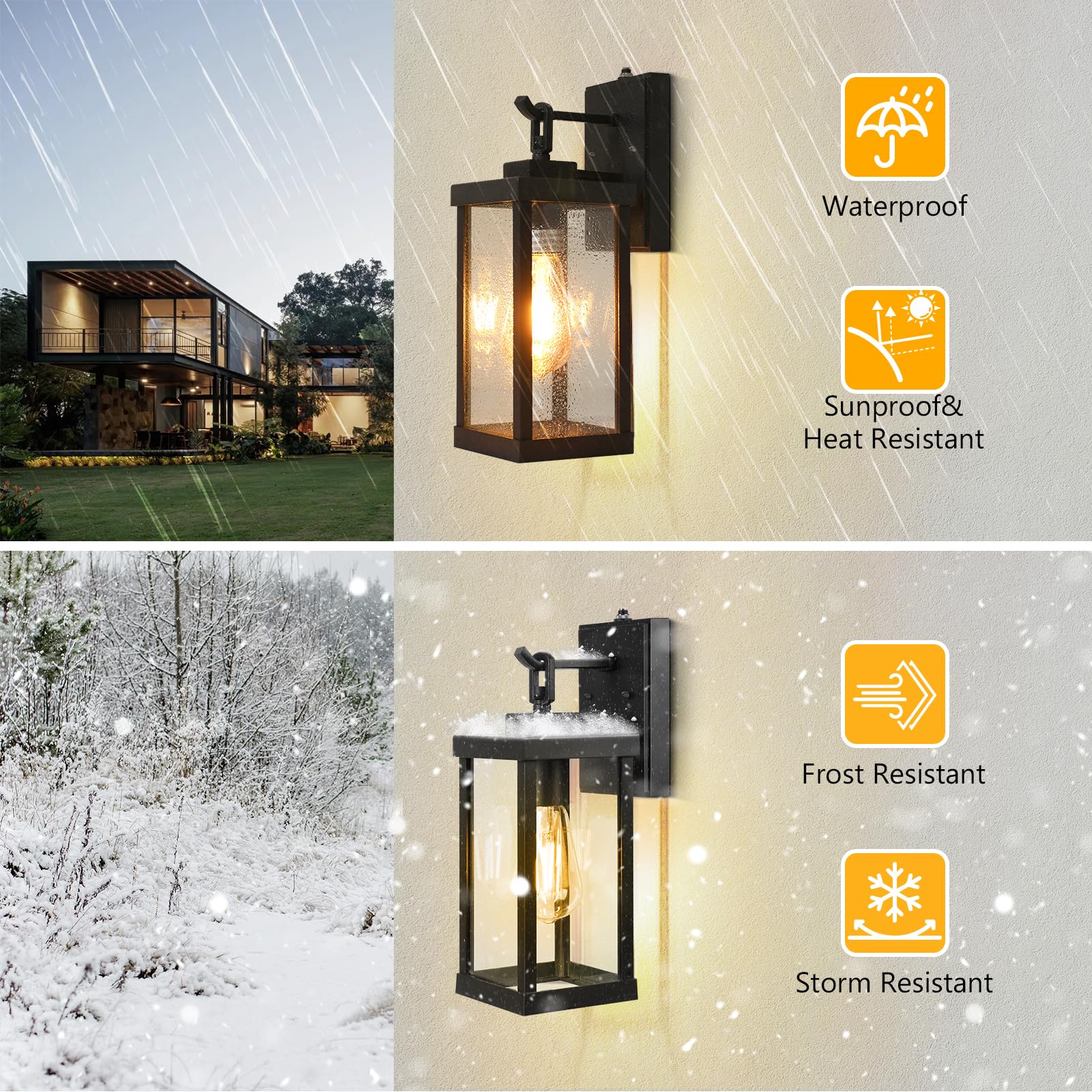 TOPKDA 2 Pack Dusk to Dawn Outdoor Wall Light Fixtures - Modern Waterproof Exterior Lighting with Tempered Glass & Anti-Rust Aluminum - Black Wall Mount Lights for House, Porch, Garage, Patio, Garden - Perfect for Nighttime Safety and Curb Appeal