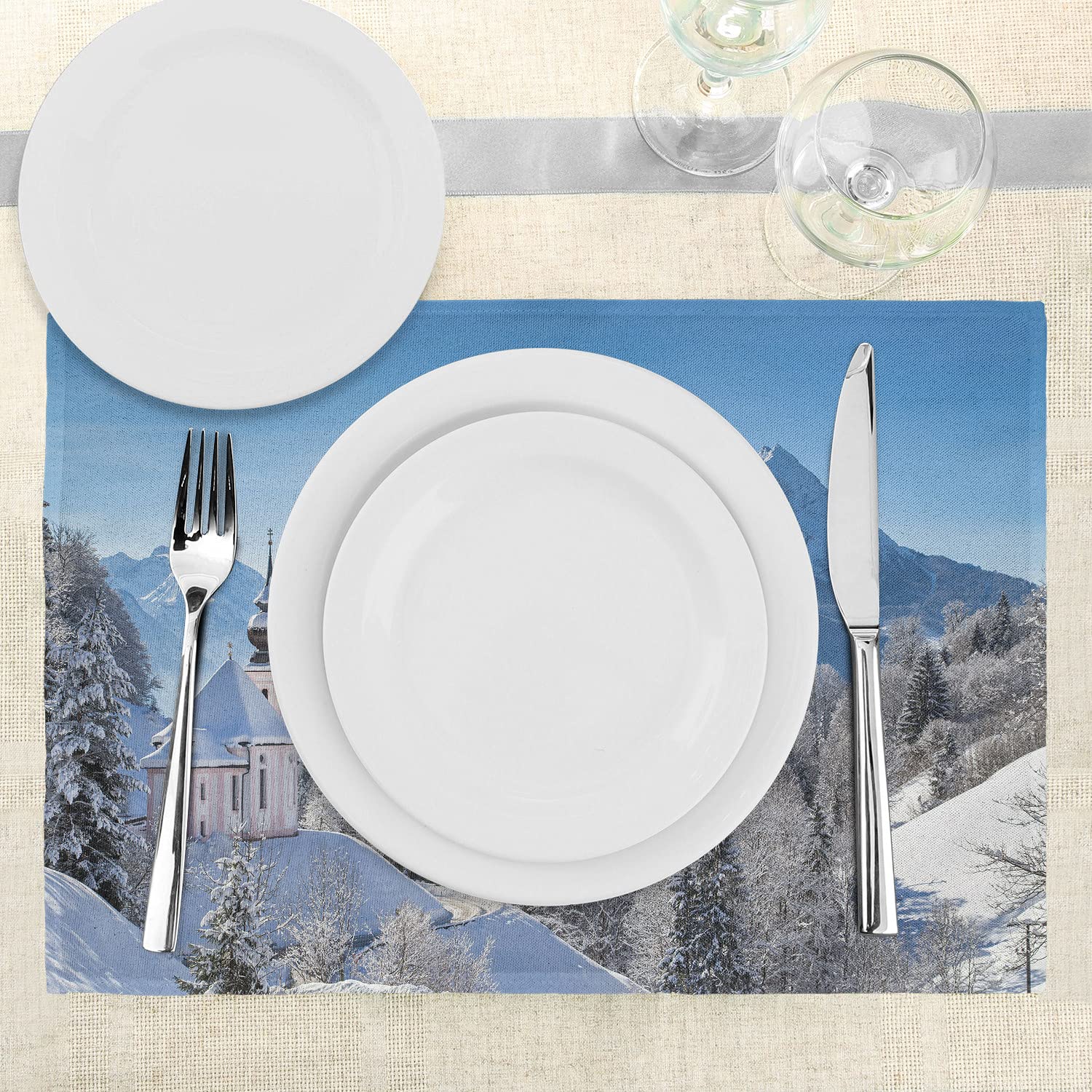 Ambesonne Winter Place Mats Set of 4 - Snowy Bavarian Alps with Maria Gern & Watzmann Massif Scenes from Germany - Washable Fabric Table Mats for Dining Room & Kitchen Decor in Blue & White - Perfect for Holiday Dinners & Cozy Winter Gatherings