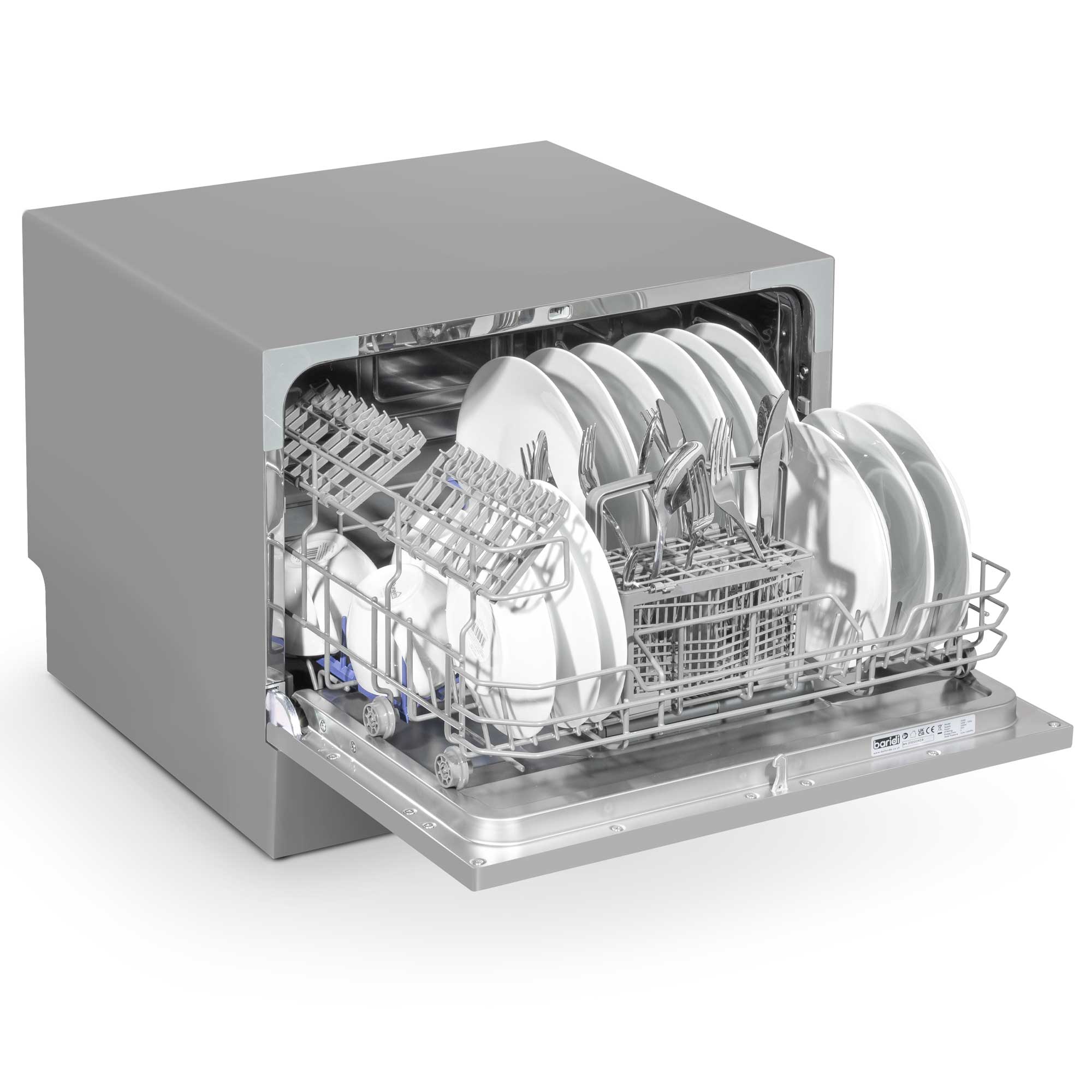 Baridi Compact Tabletop Dishwasher - 6 Place Settings, 6 Wash Programs, Ultra Quiet (42dB), 6.5L Capacity in Sleek Silver (Model DH84) | Perfect for Small Kitchens, Apartments, RVs & Dorm Rooms