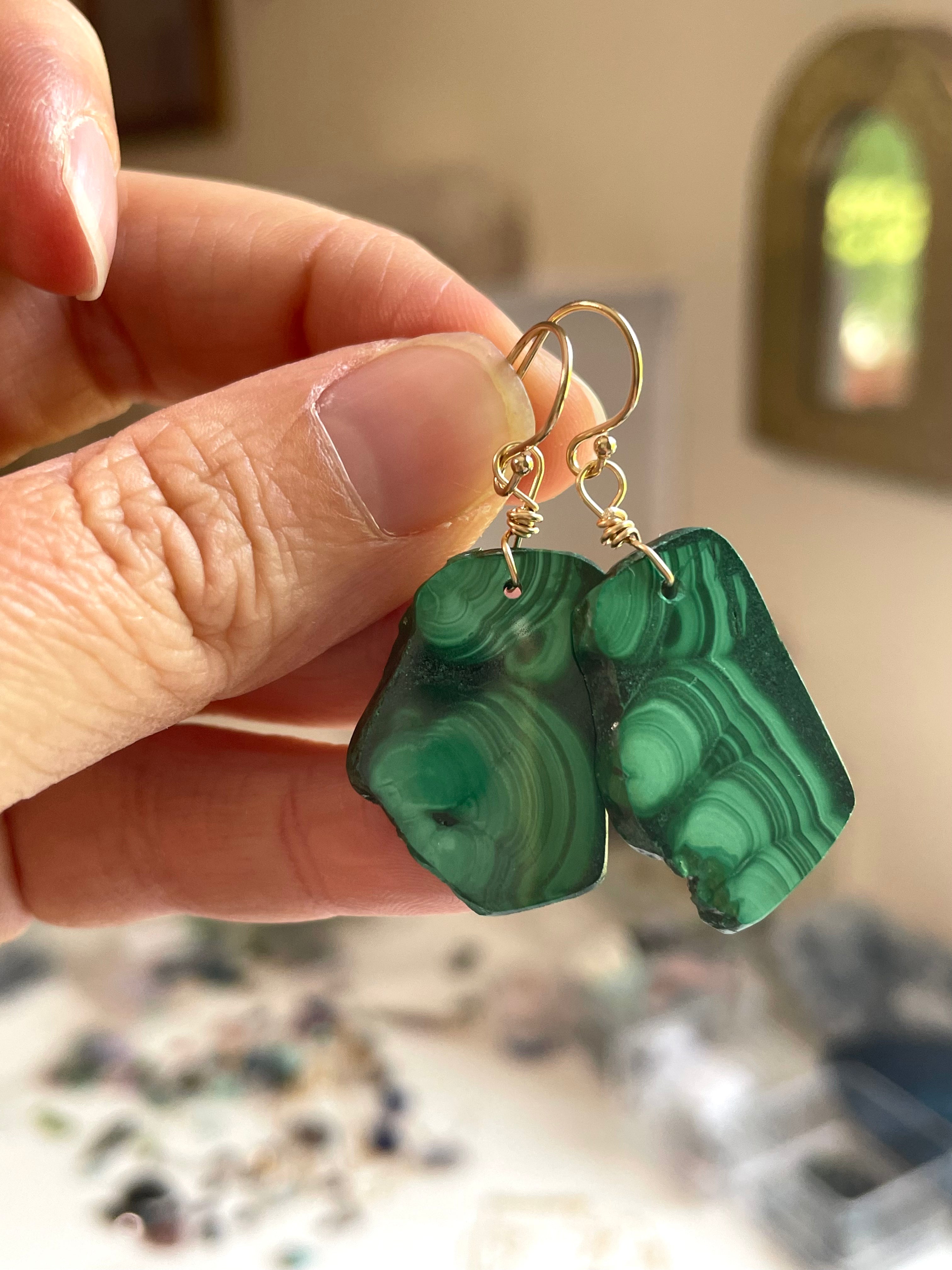14kt Gold Filled Malachite Crystal Dangle Earrings | Healing Stone Jewelry for Women, Boho Chic Accessories for Everyday Wear & Special Occasions