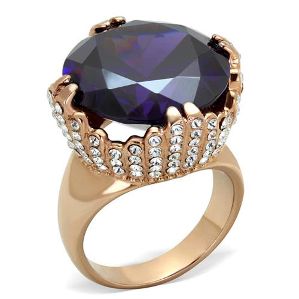 Marimor Women's 316 Stainless Steel Rose Gold Plated Amethyst & Zirconia Cocktail Ring - Elegant Jewelry for Parties, Weddings & Special Occasions