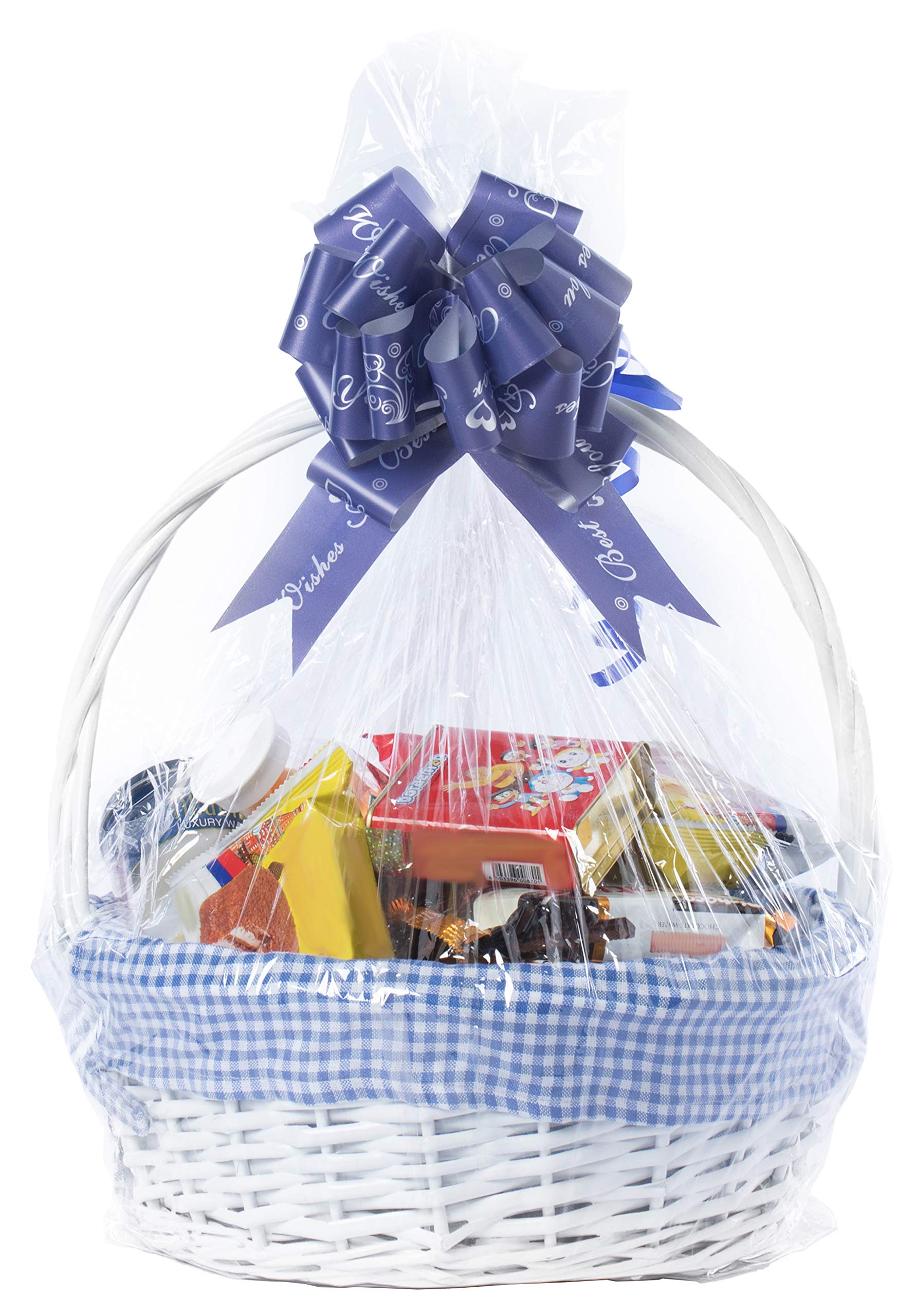 Premium White Round Willow Gift Baskets with Blue Gingham Liner & Handle - Set of 3 for Home Decor, Wedding Favors, Easter Gifts & Party Decorations