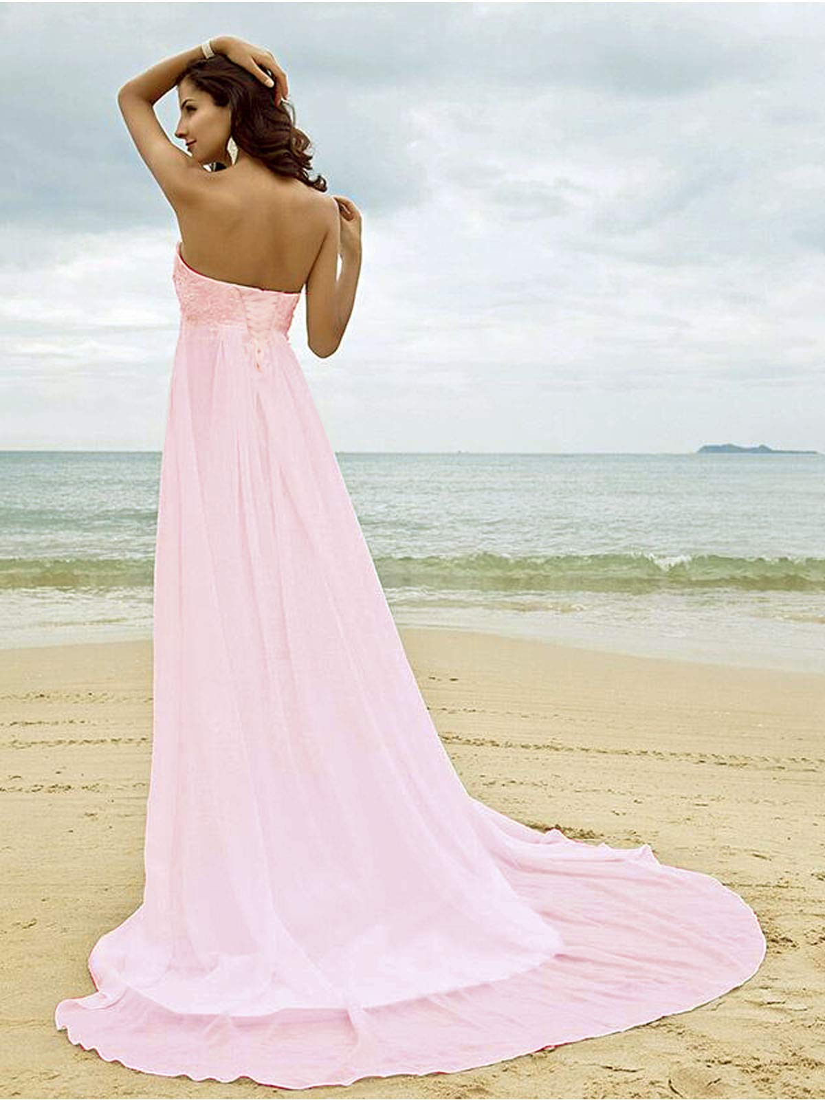 Plus Size Beach Wedding Dress for Women – Elegant Long Lace Chiffon Bridal Gown with Pearl Details | Perfect for Destination Weddings, Beach Ceremonies & Boho Bridal Styles