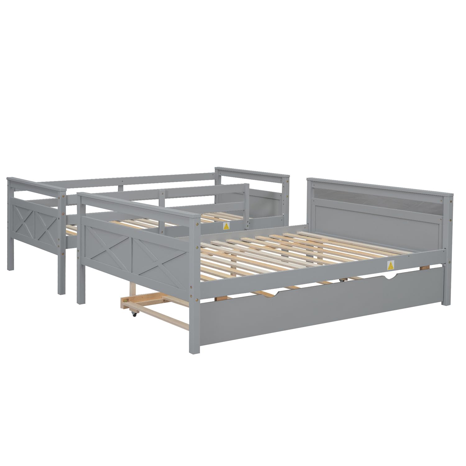 Merax Twin Over Full Wood Bunk Bed with Trundle - Solid Wood Frame, Guardrail & Ladder - Space-Saving Grey Bunk Bed for Kids, Teens & Guest Rooms - Perfect for Small Bedrooms, Vacation Homes & Shared Spaces