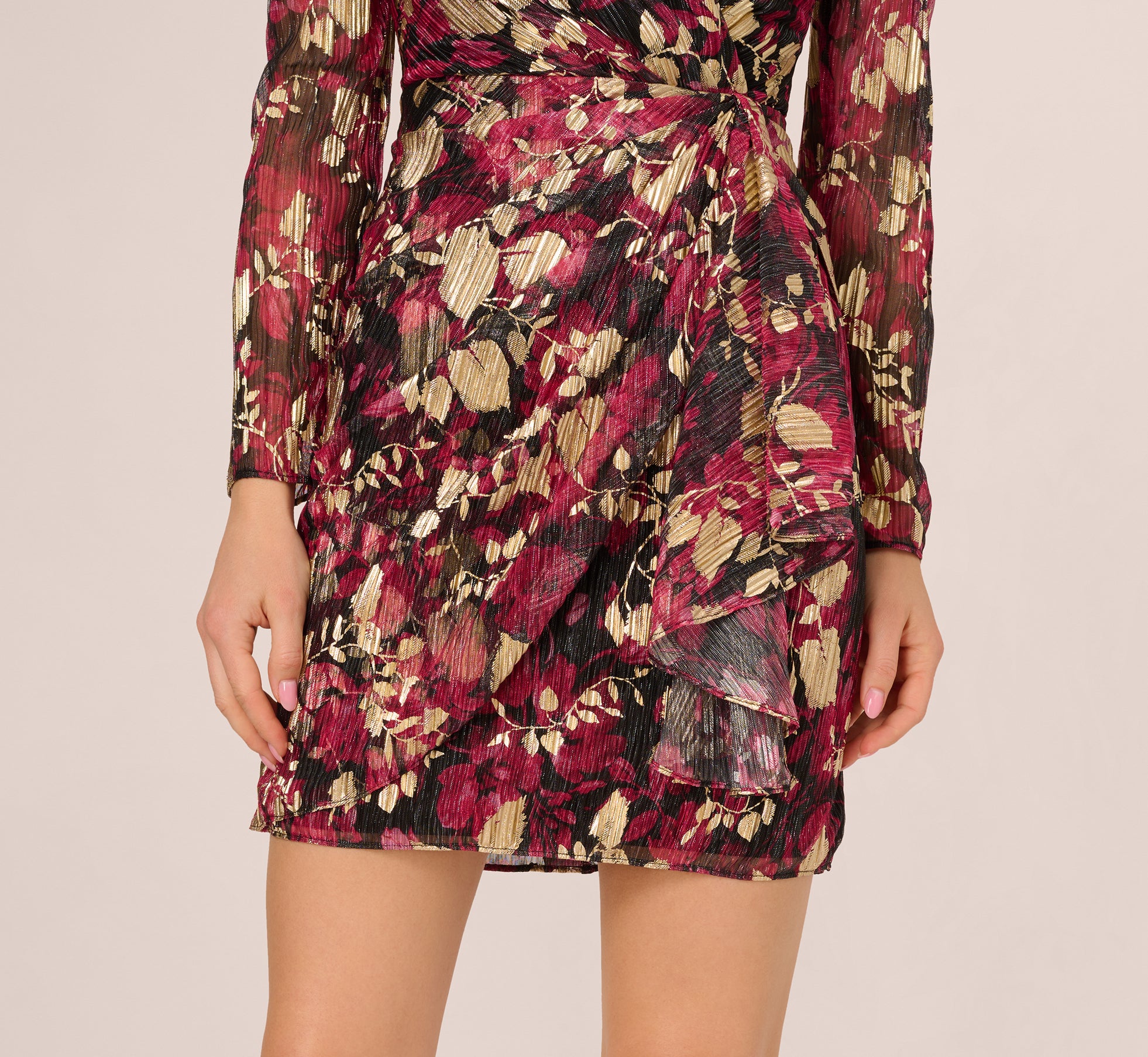 Fuchsia Gold Crinkle Foil Wrap Dress for Women - Elegant Party & Evening Wear for Special Occasions