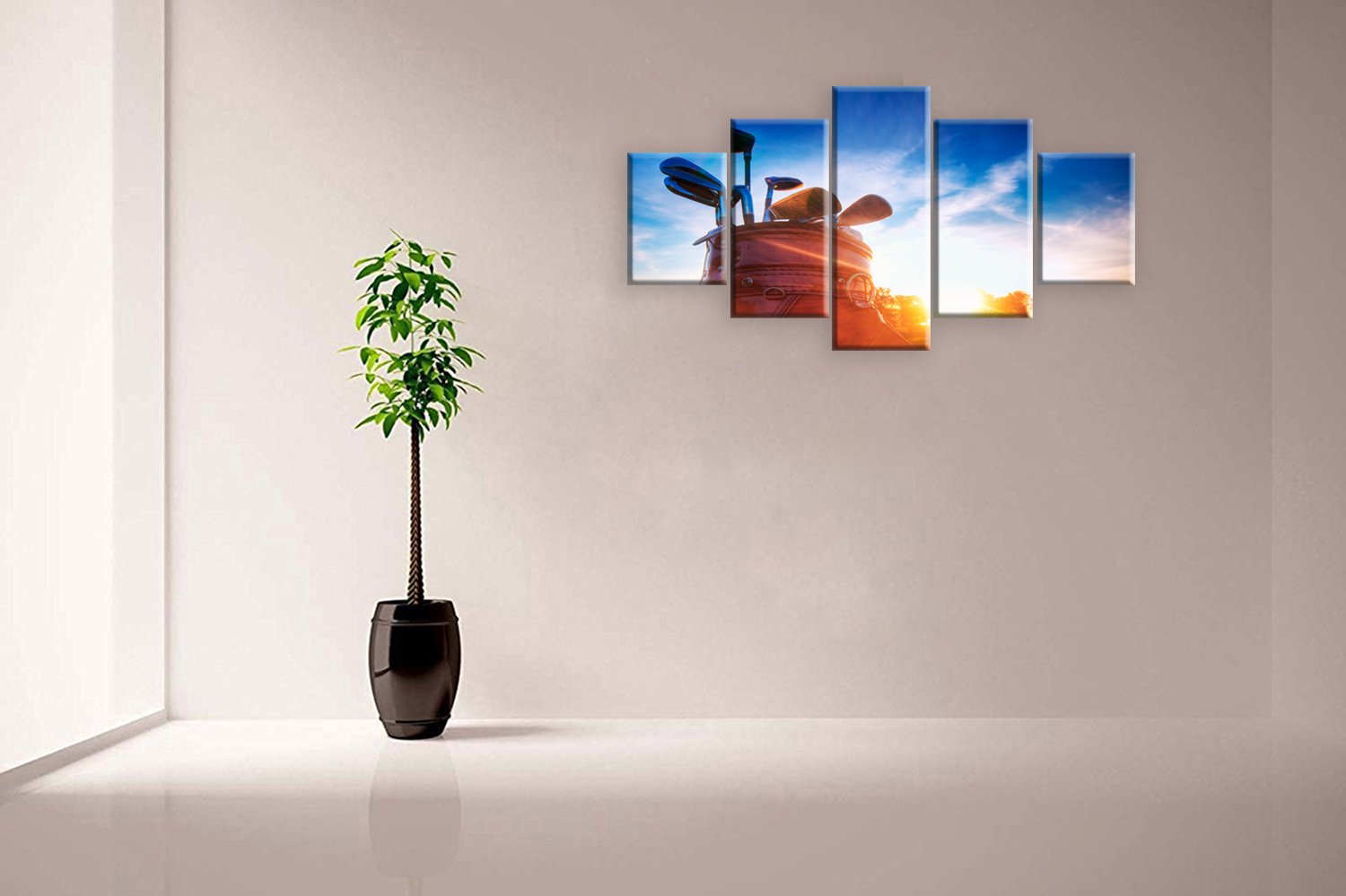 5 Panel Golf Clubs Wall Art Canvas Painting - Modern Modular Sunshine Golf Enthusiast Gift - Framed & Ready to Hang Home Decor for Living Room, Office, or Man Cave - Perfect Golf Themed Decor for Sports Fans