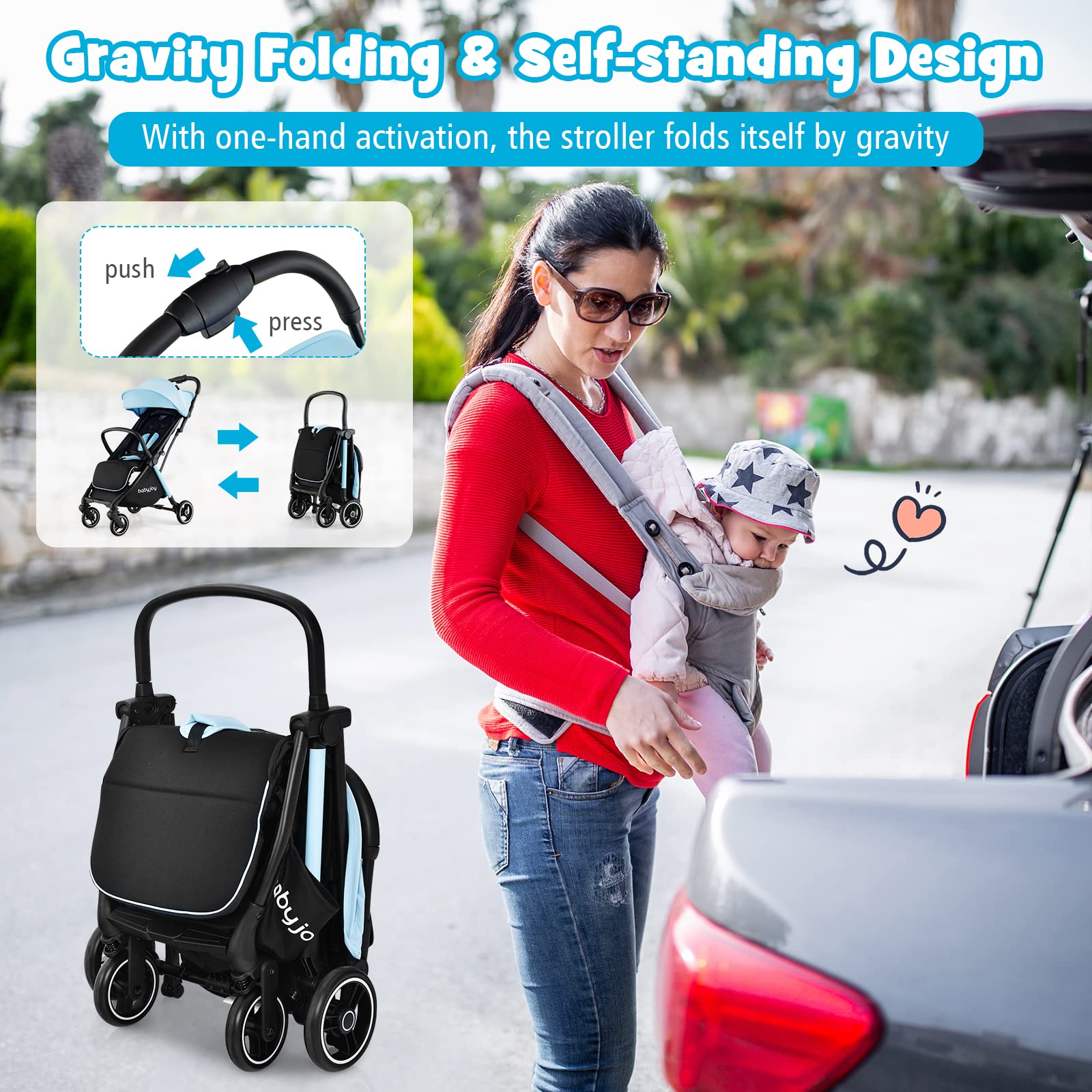 BABY JOY Lightweight Compact Travel Stroller for Airplane - Adjustable Backrest & Canopy, Storage Basket, Self Standing Gravity Fold, Aluminum Frame Baby Stroller for Infants & Toddlers (Blue) - Perfect for Air Travel, Shopping & Daily Walks
