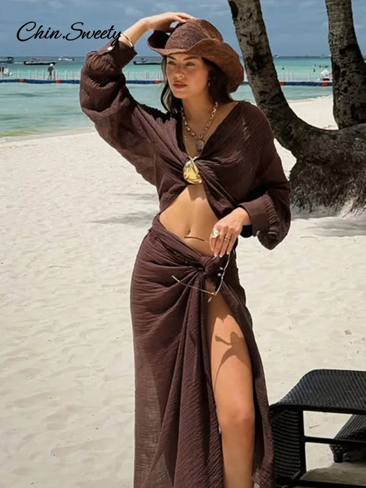 Women's Beach Cotton Linen Long Skirt Set with Lace-Up Cardigan & High Slit Knot Skirt - 2 Piece Summer Vacation Outfit (Brown) | Perfect for Beach Getaways, Tropical Vacations & Boho Fashion Styling