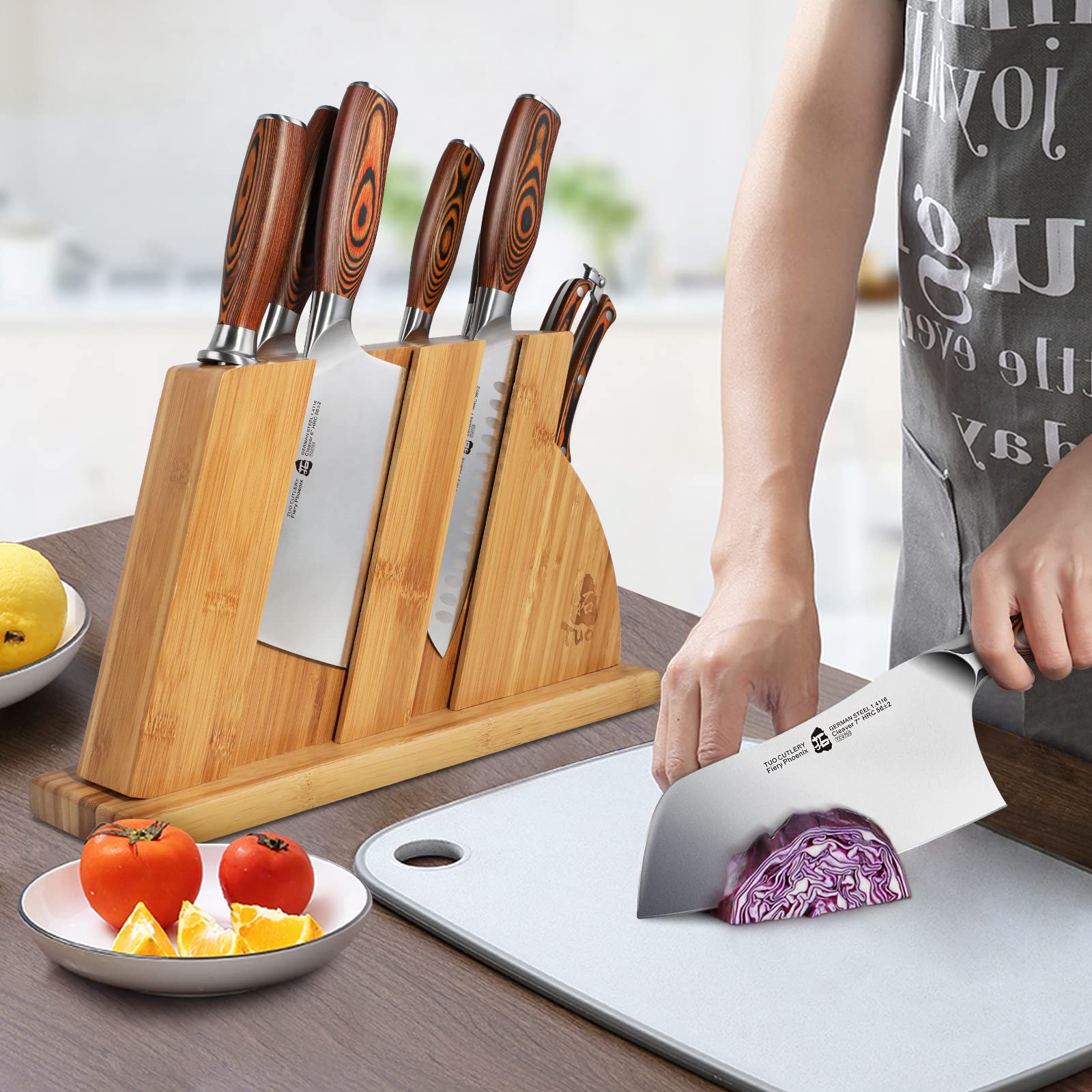Premium 8-Piece Kitchen Knife Set - German X50CrMoV15 Forged Steel - Rust Resistant Full Tang Knives with Ergonomic Pakkawood Handles - Includes Wooden Storage Block - Fiery Phoenix Series - Perfect for Home Chefs, Cooking Enthusiasts & Professional Kitchens