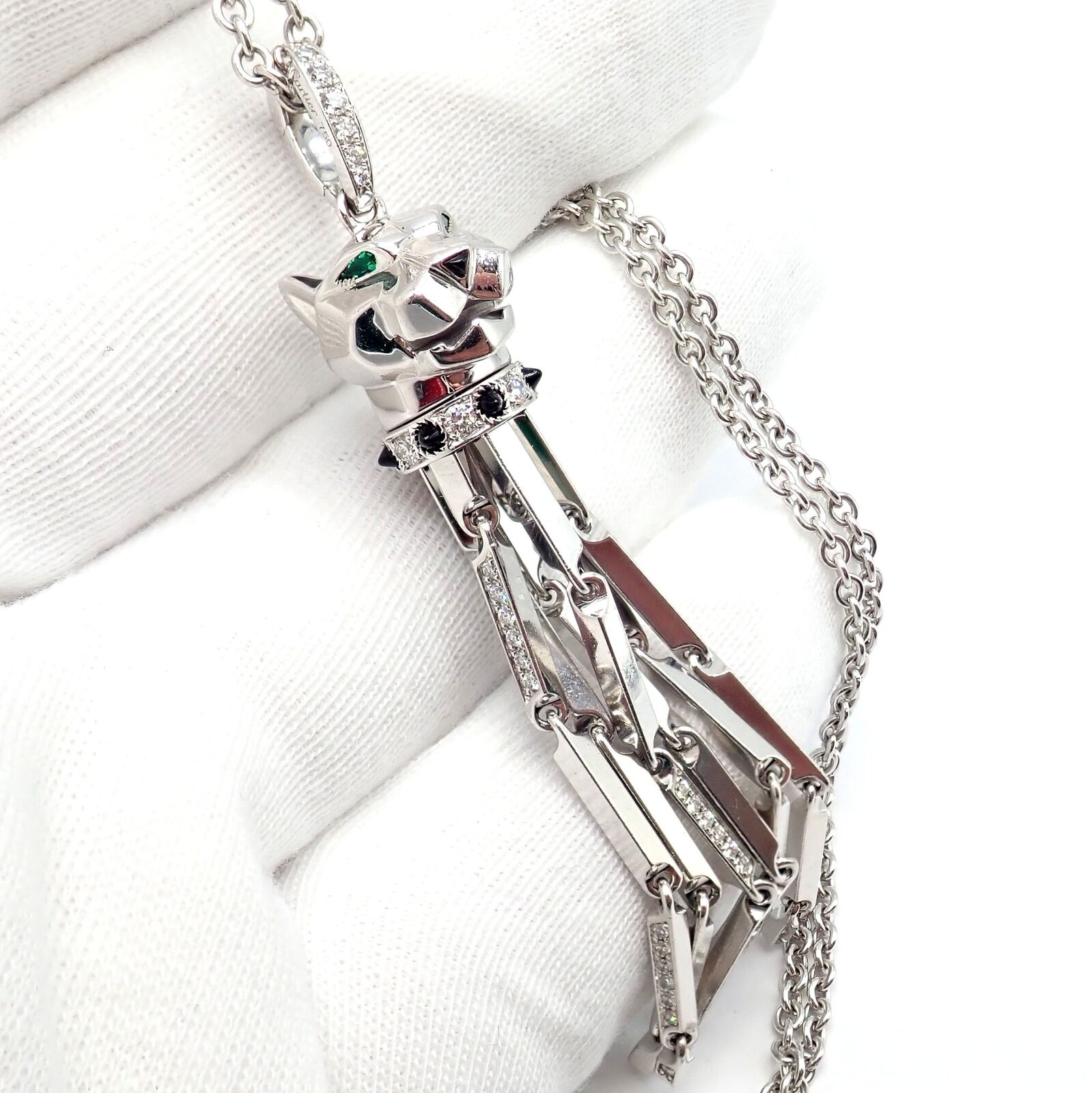 Cartier Panthere 18K White Gold Diamond, Emerald & Onyx Pendant Necklace - Luxury Jewelry for Women, Elegant Gift for Special Occasions