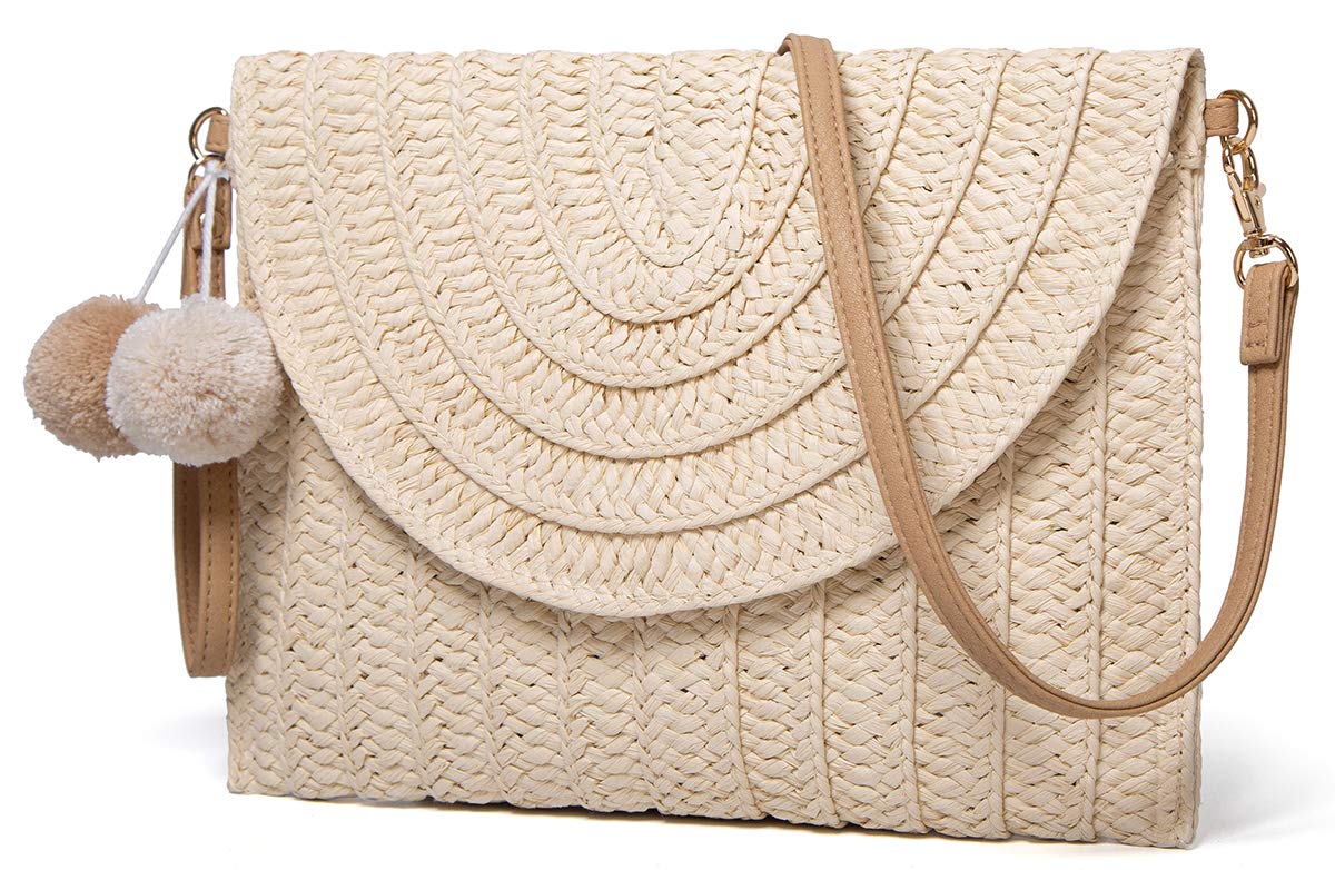 Handwoven Straw Clutch with PomPom - Women's Crossbody Bag for Summer Beach, Boho Purse & Wallet | Perfect for Vacations, Pool Parties, and Outdoor Events