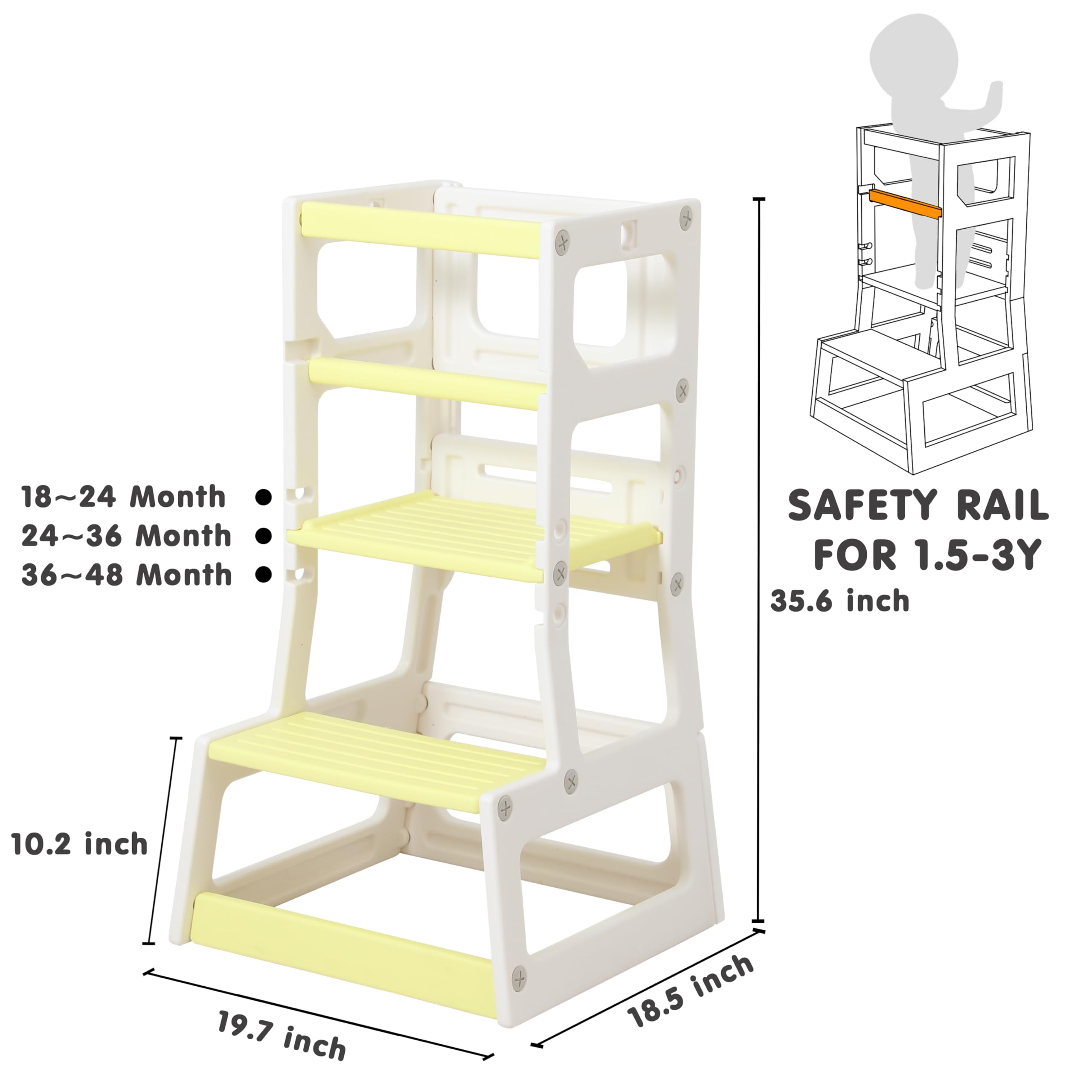 Adjustable Height Kids Kitchen Step Stool - Safe Toddler Learning Tower for Cooking & Bathroom Use | Non-Slip Platform for Children (Yellow) | Perfect for Baking, Washing Hands & Countertop Activities