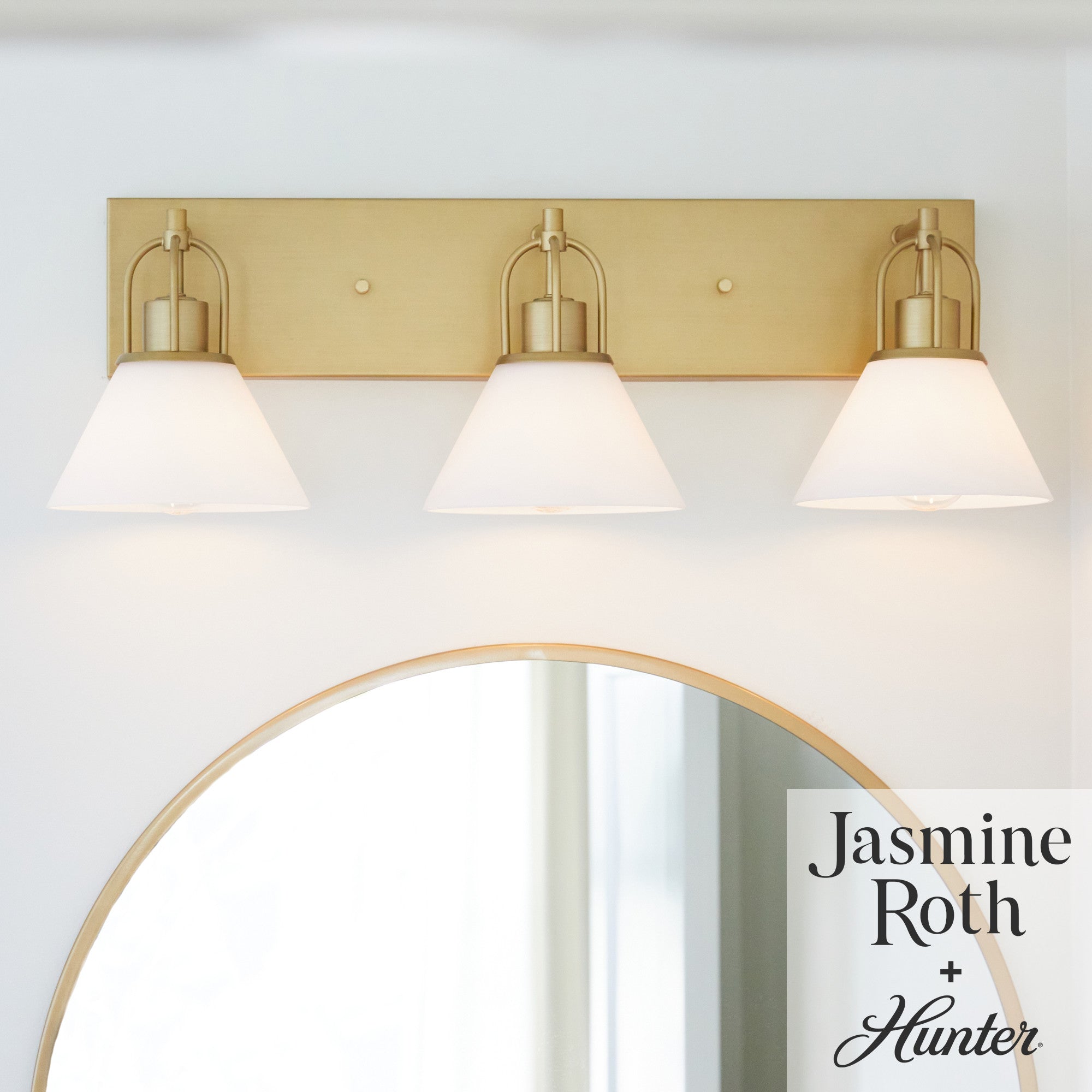 Hunter Carrington Isle Luxe Gold 3-Light Bathroom Vanity Wall Sconce with White Glass Shades - Jasmine Roth Collection - Perfect for Modern Bathrooms, Powder Rooms and Spa-Style Decor