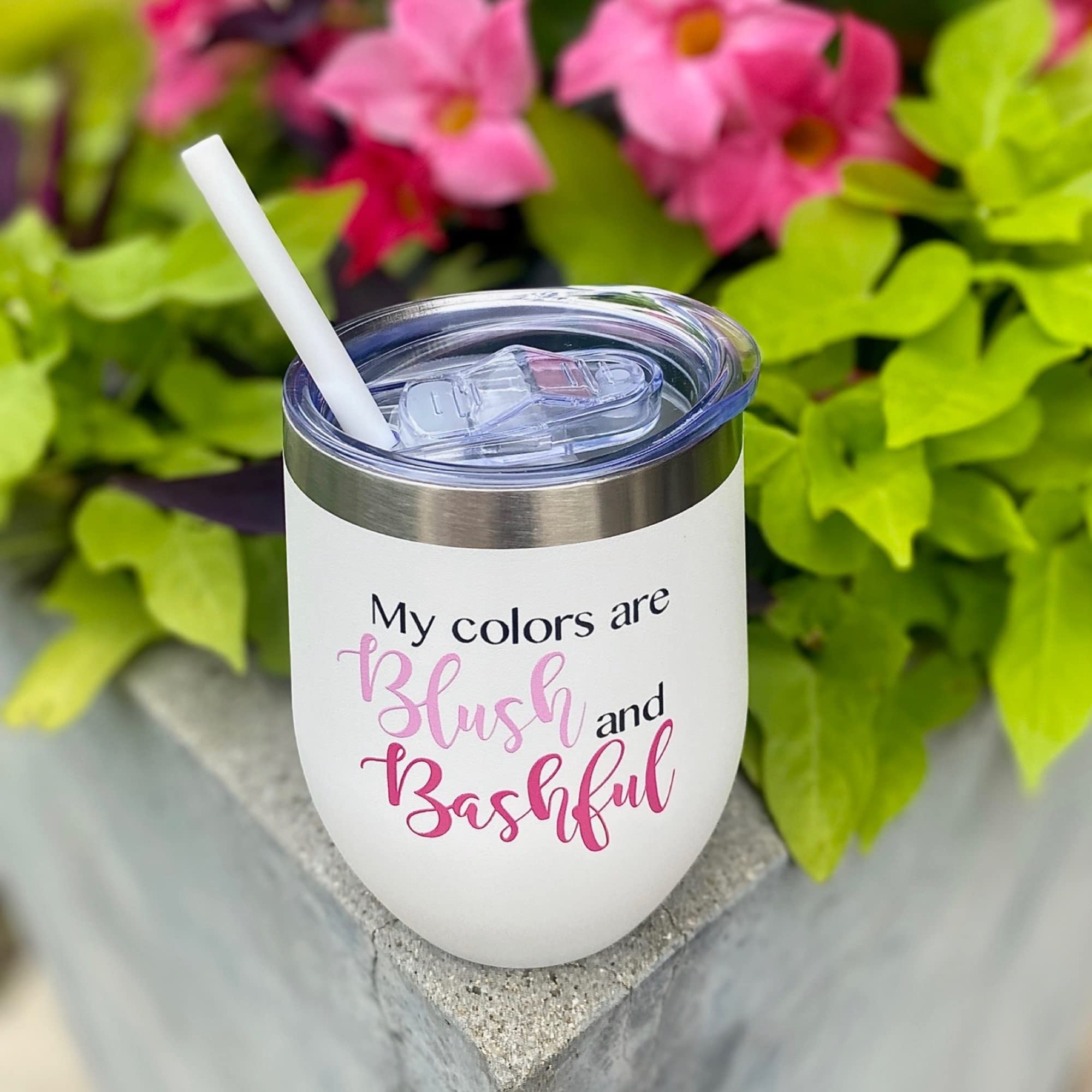 Blush & Bashful Tumbler | Steel Magnolias Inspired Gift | 80s & 90s Themed Birthday Present | White 12oz Insulated Cup for Coffee, Tea, and Daily Use