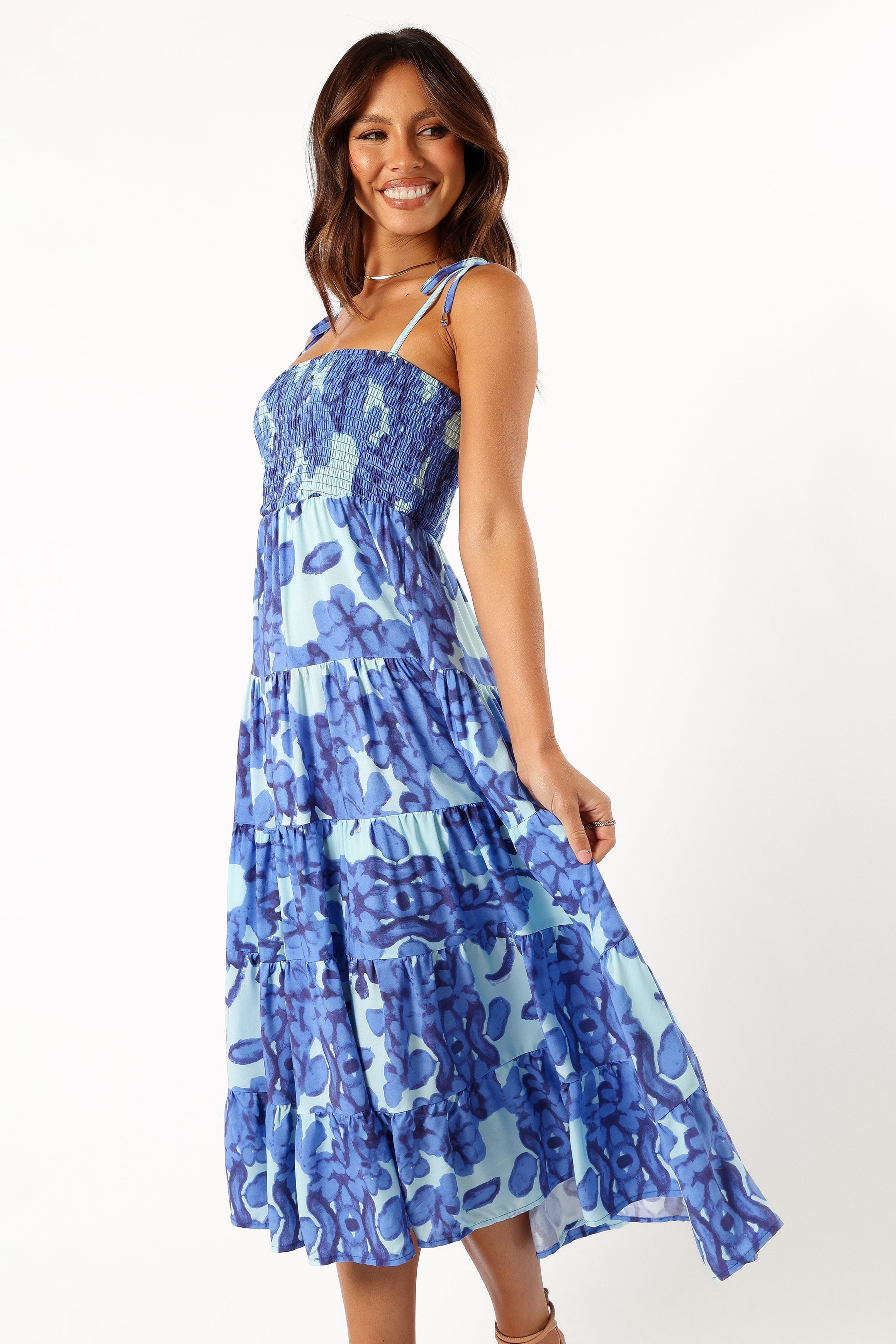 Amarie Floral Midi Dress for Women - Elegant Blue Summer Dress with V-Neck & Flowy Skirt | Perfect for Beach Vacations, Date Nights & Garden Parties