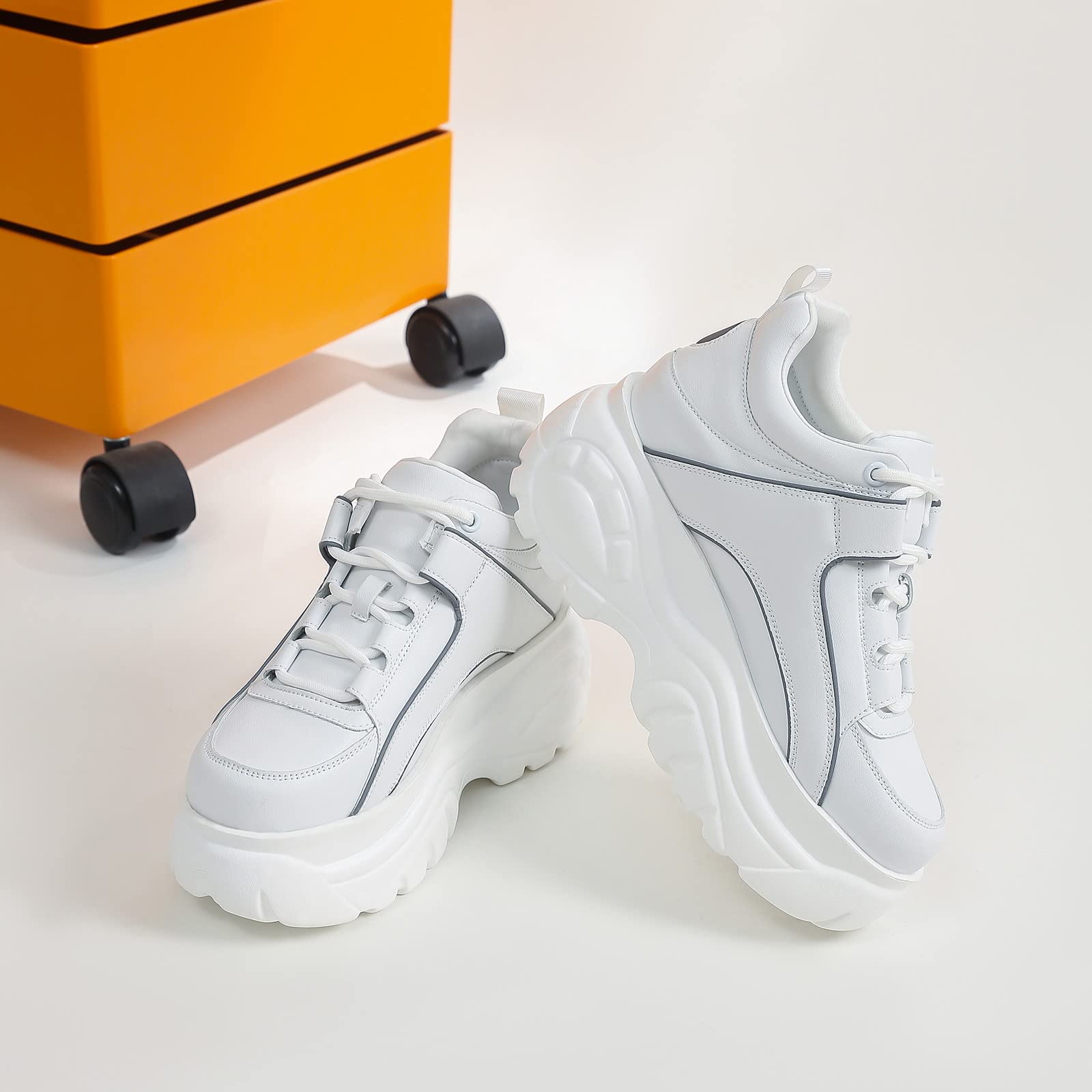 Somiliss Women's Chunky Platform Sneakers - Microfiber Leather Lace-Up Casual Shoes in White & Black | Fashion Walking Shoes for Women | Perfect for Streetwear, Work & Everyday Outfits