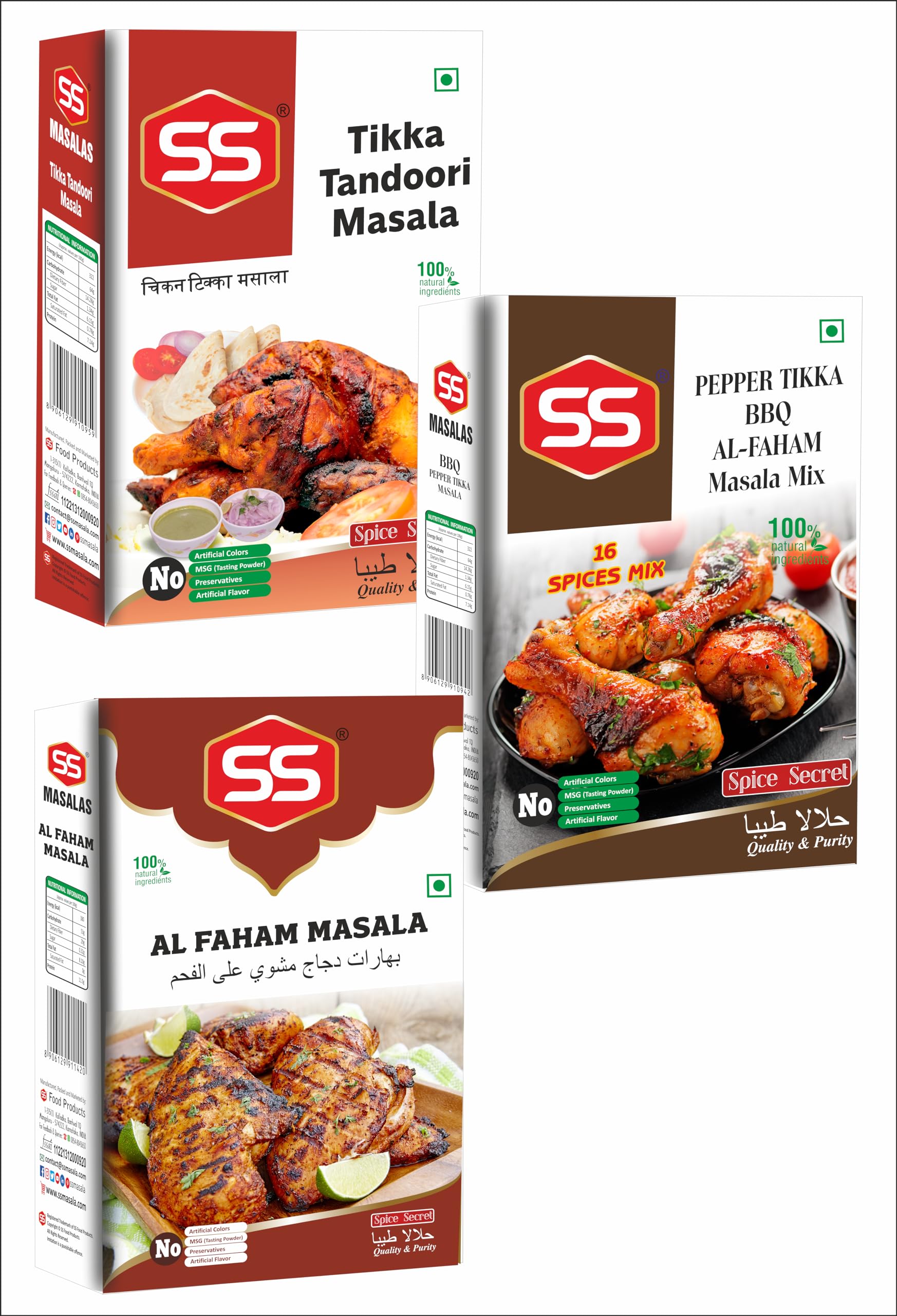 SS MASALAS BBQ Masala Combo Pack - Al Faham Masala, Barbeque Chicken Masala & Tikka Tandoori Masala Powder | 3 Premium Indian Spice Blends (100g Each) | Ready-to-Use Seasoning Mix for Grilling, Roasting & Tandoori Cooking | Perfect for BBQ, Chicken Dishes & Indian Cuisine