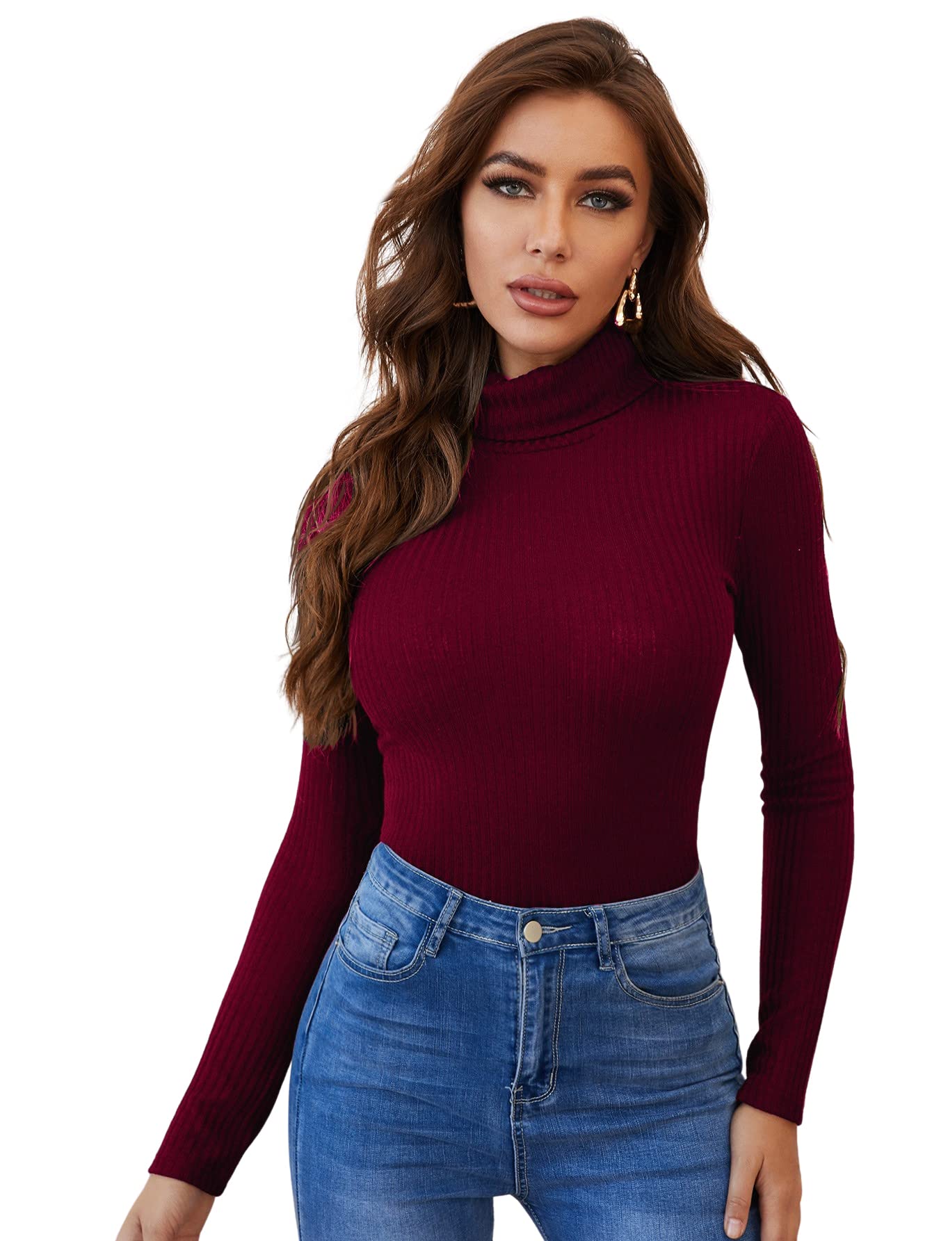 WDIRARA Women's Casual Long Sleeve Funnel Neck Rib Knit T-Shirt - Slim Fit Basic Top for Everyday Wear, Work & Layering