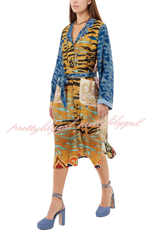 Exotic Tropical Jungle Tiger Print Long Sleeve Belted Kimono Coat with Pockets - Boho Chic Outerwear for Women, Perfect for Beach Cover-ups, Music Festivals & Casual Loungewear