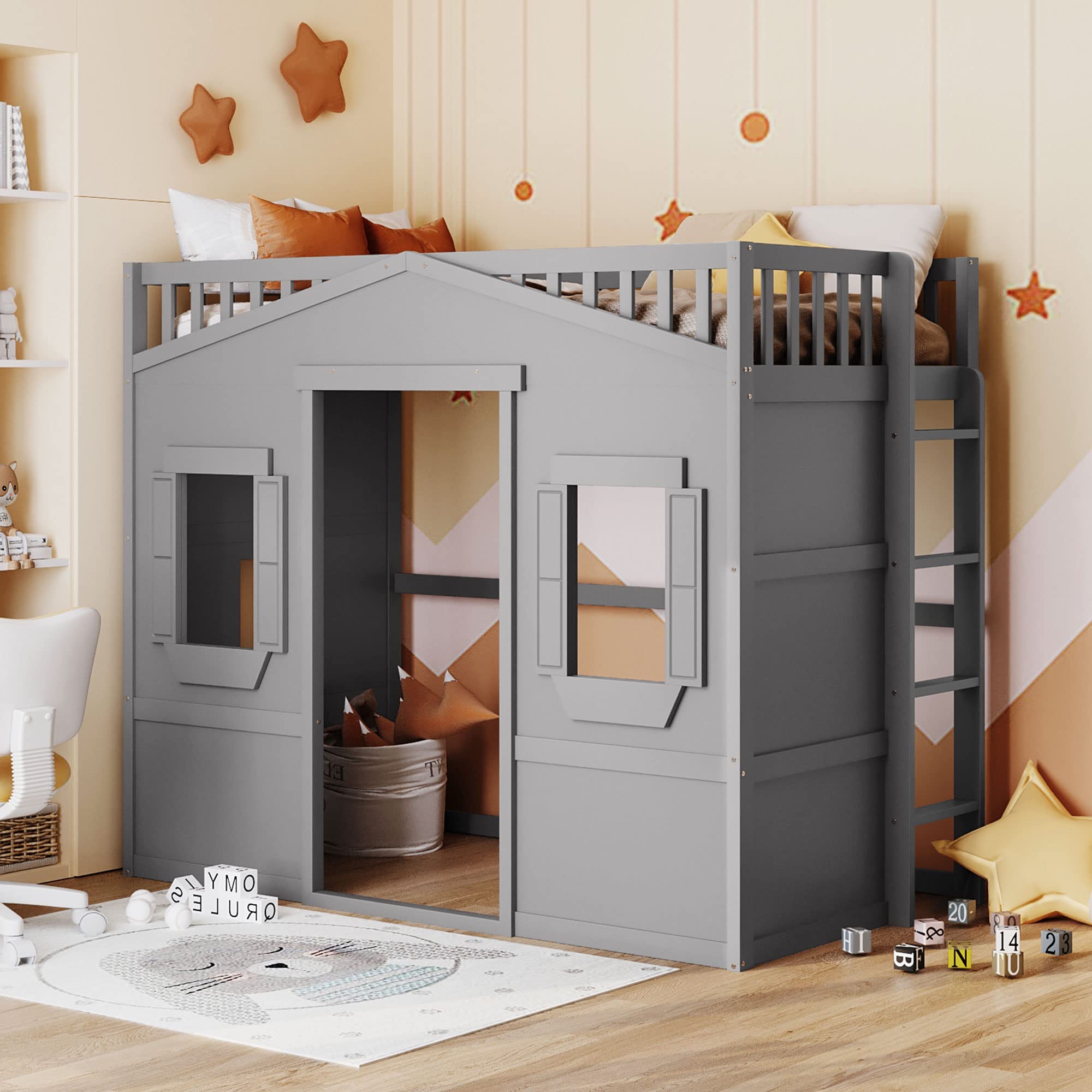 MERITLINE Twin Size Wooden Loft Bed for Kids & Teens - Sturdy High Loft Bed Frame with Side Ladder, 51.6