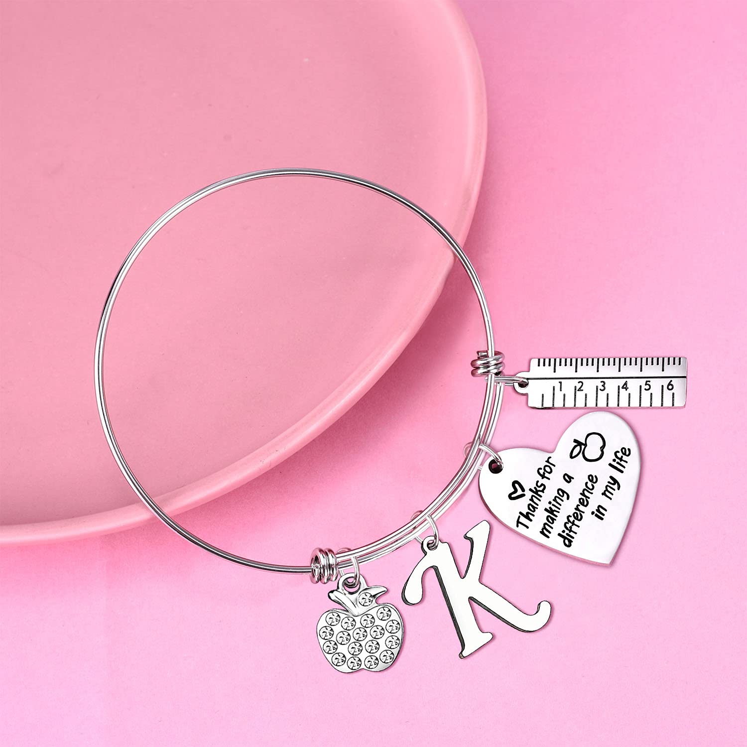 Personalized Teacher Initial Bangle Bracelet - Thoughtful Teacher Appreciation Gift for Women - Perfect Thank You Gift for Educators, Mentors & Professors - Ideal for Teacher's Day, Retirement & End of Year Gifts