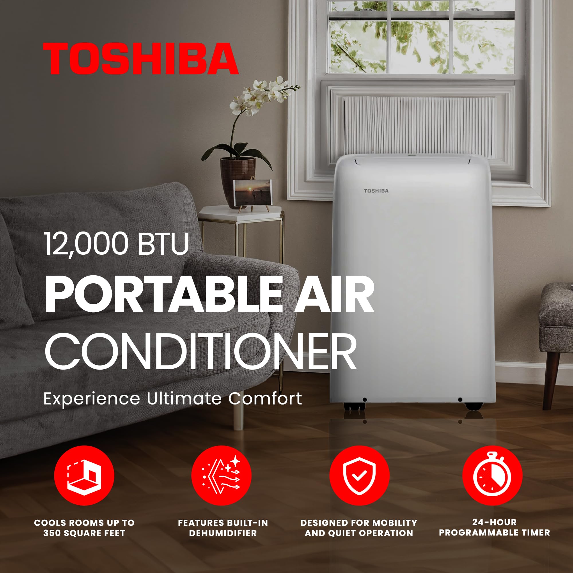 Renewed Toshiba 12,000 BTU (8,000 BTU DOE) 115V WiFi Portable Air Conditioner with Dehumidifier - Cools Rooms Up to 350 Sq Ft - Perfect for Bedrooms, Living Rooms & Home Offices