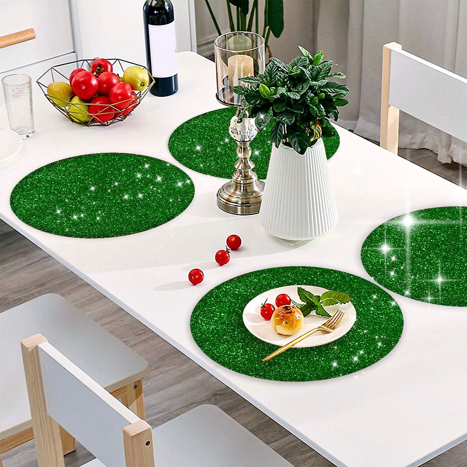 **Glitter Sparkle Round Placemats Set of 4 - 15.4 Inch Green Placemats for Kitchen Table, Kids, Christmas & Wedding Party Decor | Durable & Stylish Dining Mats**    *(Use: Perfect for festive dinners, holiday gatherings, kids' parties, and elegant wedding table settings!)*