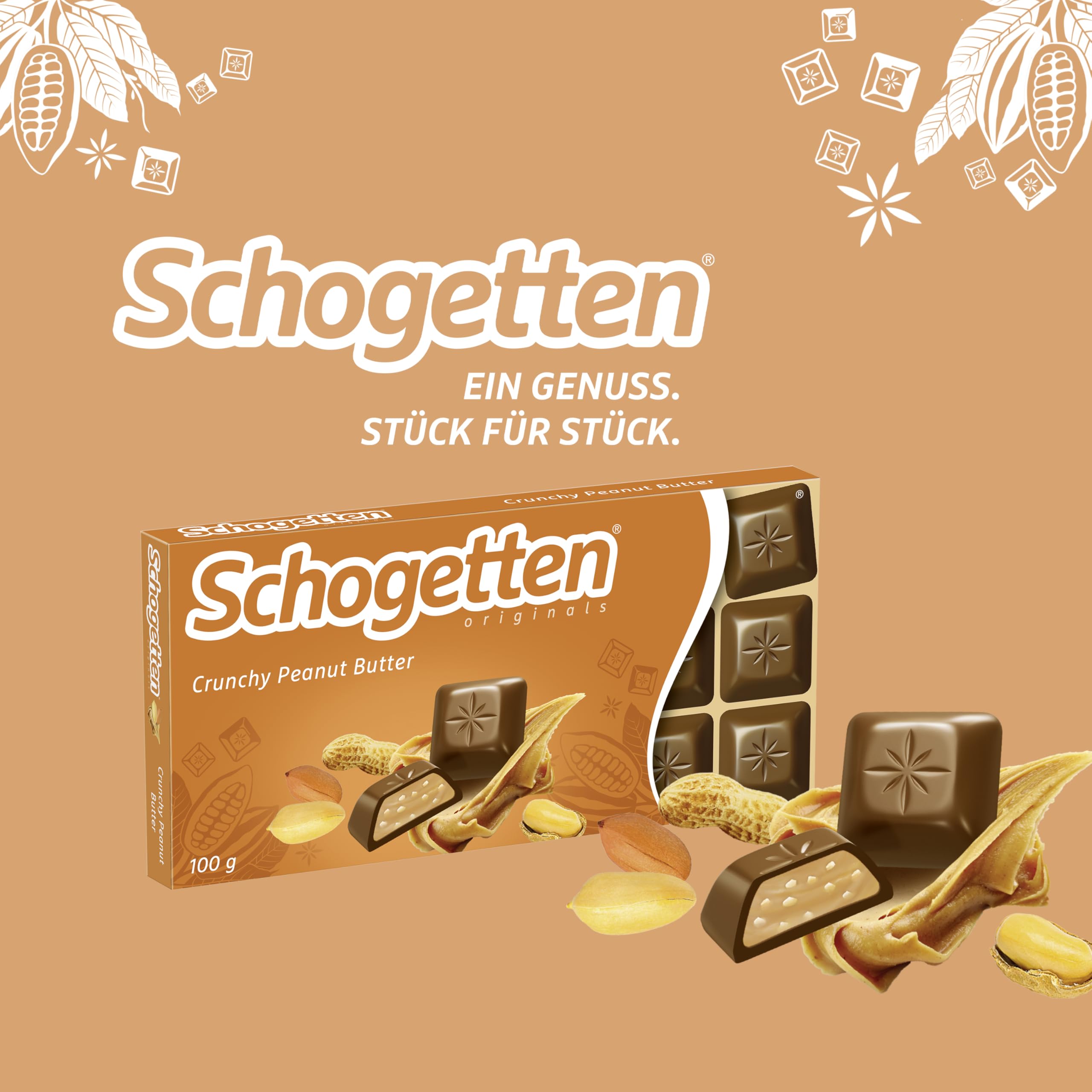 Schogetten Crunchy Peanut Butter Chocolate Bar 100g - Individually Wrapped for Convenience - Perfect for Snacking, Gifts & Dessert Toppings