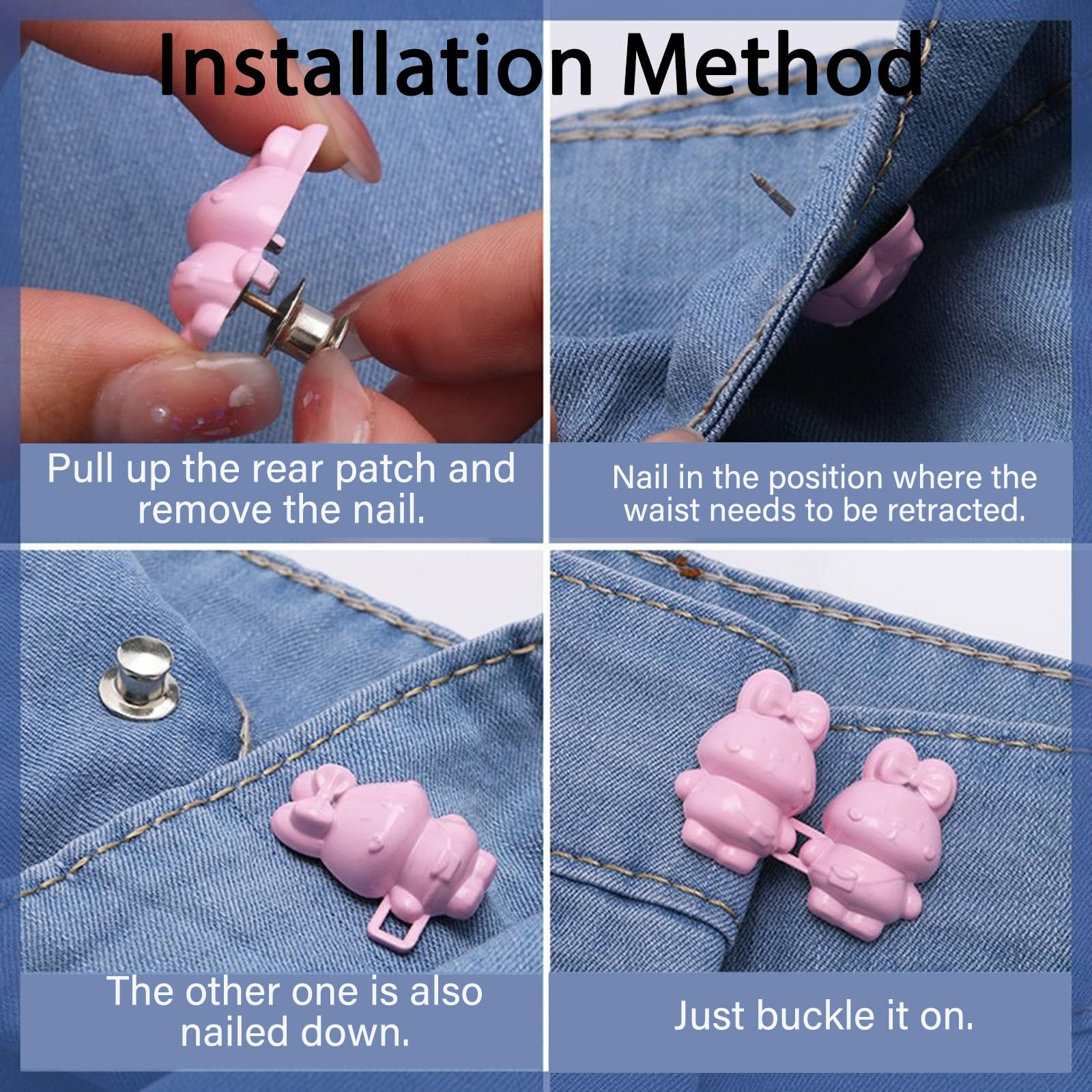 4 Pack Cute Rabbit Denim Button Pins - No Sew Adjustable Jean Buttons for Pants, Skirts & Clothes (Gold & Silver) | Fashion Accessories for DIY Clothing Repair & Outfit Customization