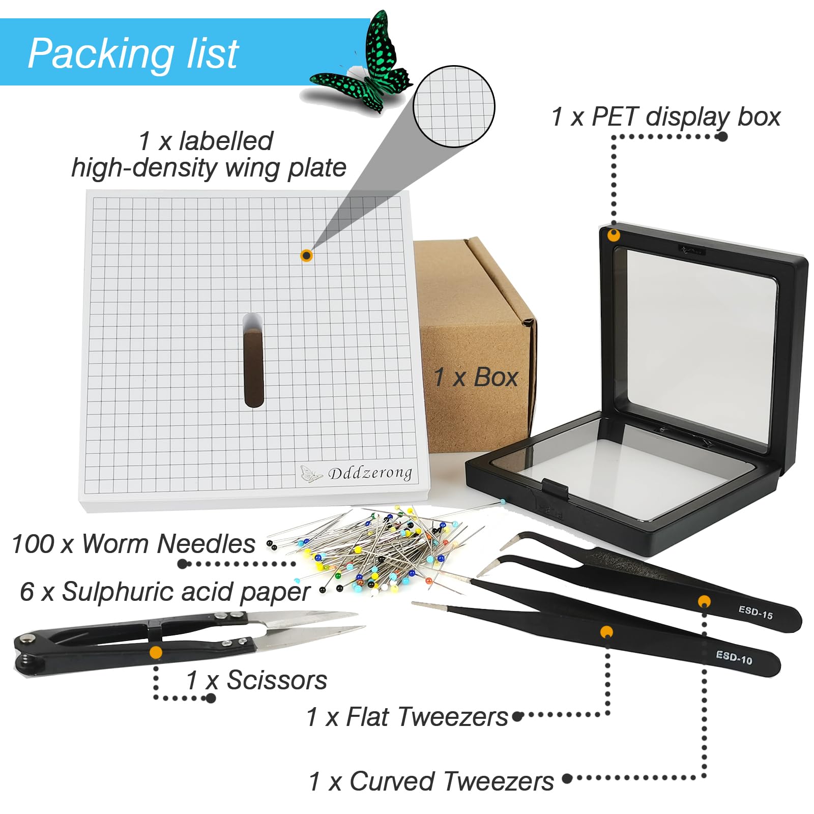 Professional Insect Specimen Tools Kit for Butterfly Pinning & Display - Includes EVA Making Table, Insect Pinning Tools & Display Case (13x13cm) - Perfect for Classroom Teaching, Science Labs & Entomology Studies