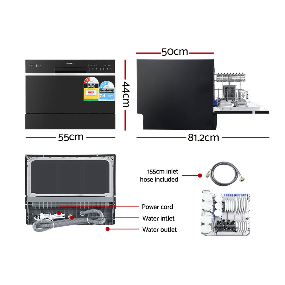 Devanti 6 Place Settings Compact Countertop Dishwasher in Black - Perfect for Small Kitchens, Apartments & RVs