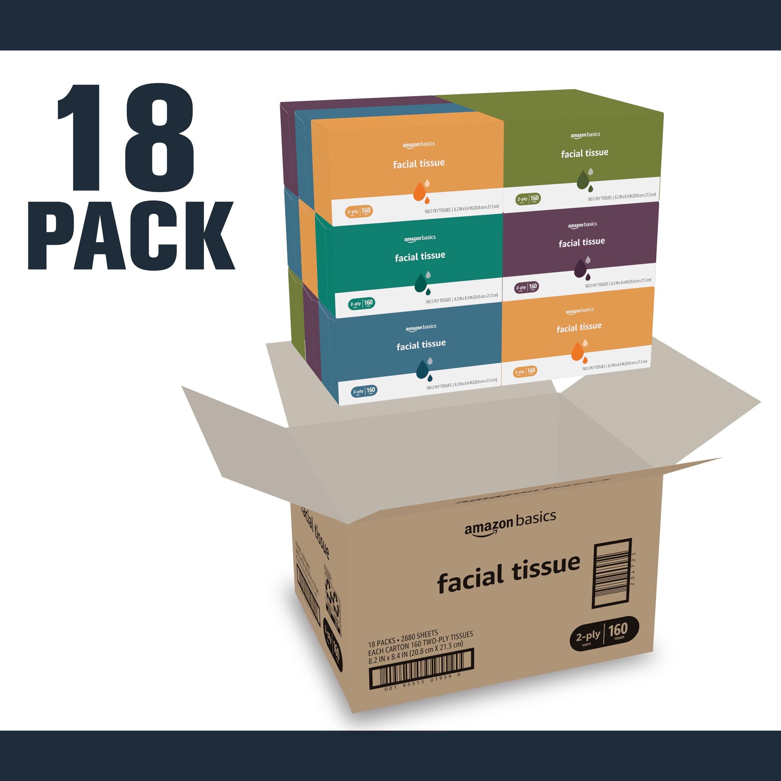 Amazon Basics 2-Ply Facial Tissues - 2880 Count (18 Packs of 160) | Soft & Strong for Everyday Use at Home, Office, or Travel | Packaging May Vary